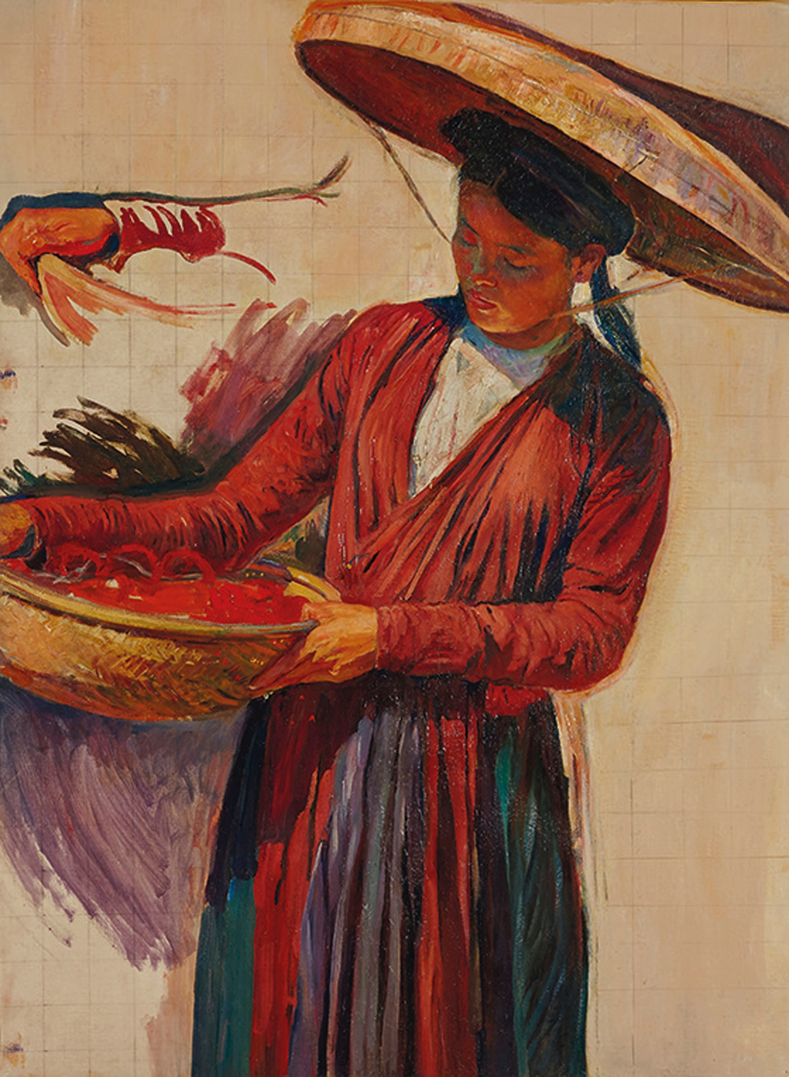 VICTOR TARDIEU
(French, 1870-1937)
La Tonkinoise Au Panier (Tonkin Woman with Basket)
oil on canvas
108 x 80 cm. (42 1/2 x 31 1/2 in.)
Painted in 1923


On the 2nd of February 1921, Victor Tardieu arrived in Hanoi probably with no idea of what lay ahead of him. As a talented painter, recently graduated from the academy Les Beaux-Arts de Paris and already known for some of his work, he received the Indochina Prize from the French government which allowed him free travel to Vietnam, and accommodation with travelling costs included in return for describing the beauty and the competence of this then-little known colony. The order of a large fresco for the University of Indochina (then under construction) marked a turning point for Tardieu personally, as well as for Vietnamese painting. To fulfill this order he had to extend his stay over the year planned as to await the end of the university's construction.

In 1921, Tardieu was not yet aware of the important role he was about to play in Vietnamese visual art of the 20th century. However on 24th October 1924 he founded the art school L'Ecole des Beaux-Arts in Hanoi which would soon attract some of the most famous painters Vietnam was to know: Le Pho, Mai Thu, Vu Cao Dam as well as Nguyen Phan Chanh, Nguyen Gia Tri and To Ngoc Van, just to name a few. Through their work, they all testified to the affection and respect for Tardieu's teaching. 
Through Tardieu's humanist philosophy, the large fresco for the University of Indochina magnified the French effort in Vietnam, depicting an almost idyllic relationship based on mutual respect. To achieve this (Fig 1.), Tardieu painted numerous characters meant to represent the strength of both civilizations. Tardieu advocated collaboration over confrontation and through evoking the rurality of Vietnam in his works, also conjured the essence of its culture, land and the peasants who incarnate it. Our lady peasant, "La
Tonkinoise" wears her traditional hat and keeps her grace despite the harshness of the task. Her left hand, at the same time beautiful and firm, shows and symbolizes the Vietnamese women's strength as we know it since the sisters Trung. This lady, coming to sell her products to the market shows femininity and unceasing elegance.

Tardieu worked on this large fresco in three stages. First, he drew many charcoal sketches on paper to describe with precision the themes chosen and to imagine them in the final fresco. After which he painted the different themes with oils on canvas matching the final scale. Finally, Tardieu painted the scene on to the foundation of the large fresco in the University.

This present painting is the first version on canvas. It conveys the energy and freshness of a new painting and Tardieu's talent is expressed with panache and class. Exoticism is minimized here. On the contrary, he kept
close to the everyday reality (hat, clothes, basket) of Vietnamese women. He painted to describe and relate, and not to fantasize, unlike other Orientalists.

La Tonkinoise is a Tardieu's masterpiece. It shows the depth and the quality of the subject and the quality of the painter's technique (see the grid for example). This ideal and this technique together are the cornerstones of Tardieu's success in Vietnam.