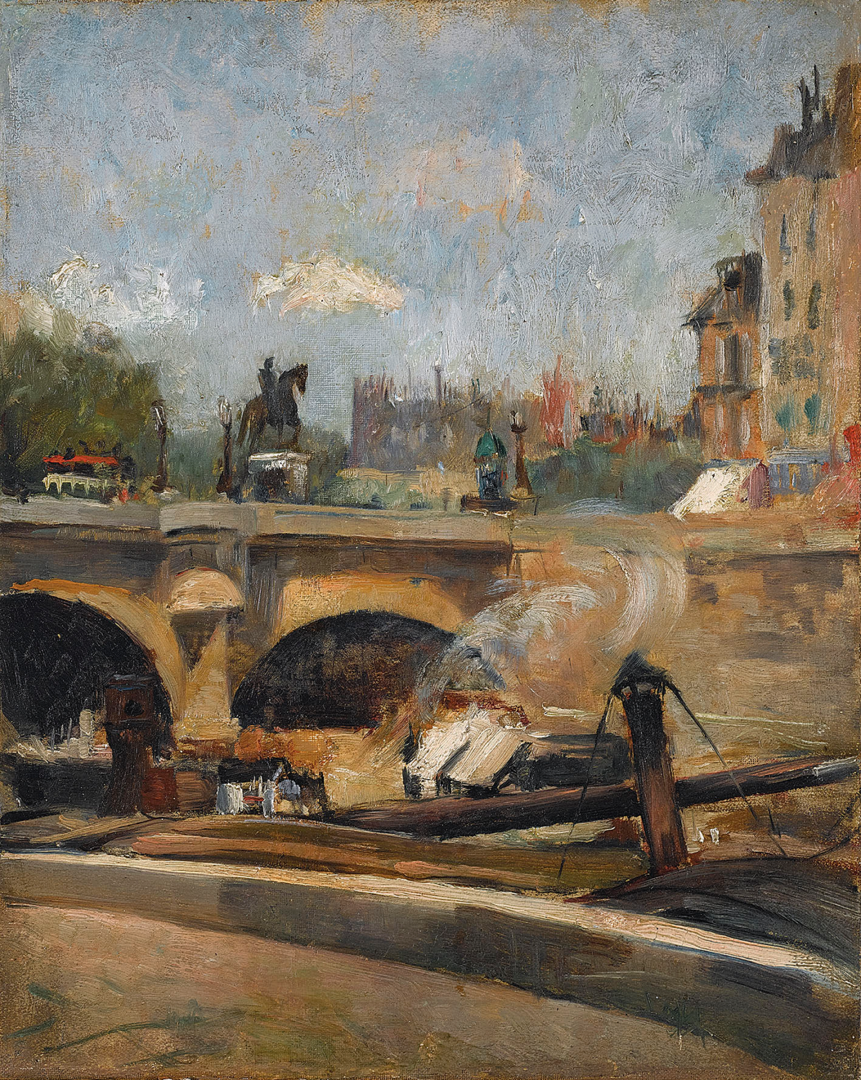 VICTOR TARDIEU (French, 1870-1937)
Le Pont-Neuf à Paris (The New Bridge, Paris)
stamped with atelier stamp 'Victor Tardieu' (on the stretcher)
oil on canvas
41 x 32.5 cm. (16 1/8 x 12 5/8 in.)
Painted between 1905 and 1910
PROVENANCE

Collection of Mrs Alix Turolla-Tardieu, granddaughter of the artist


This season, Christie’s is privileged to be able to handle the sale of a comprehensive collection of works of the late French artist Victor Tardieu from the collection of the artist’s granddaughter, Alix Tardieu. The following text by Alix Tardieu details a personal account of her experiences growing up surrounded by the legacy of her grandfather and father’s art. 

THE LEGACY OF VICTOR AND JEAN TARDIEU
By Alix Tardieu

If I revisit my childhood memories, the image of my grandfather, Victor Tardieu the painter, becomes intimately blurred with that of my father, Jean Tardieu the writer. My grandfather passed away before I was born, but I came to know him through the many weekends that I spent at the home of my grandmother, Caline, where his presence was palpable. 

During these tranquil weekends, aside from playing the piano with my grandmother, who had been a professional harpist, I would also rummage about in the attic by myself. This was perfumed with the smell of wood, and filled with paintings by my grandfather. I would stand before the different subjects of the canvases, looking at the bows of ships at Liverpool and pretty dresses of ladies in sunny gardens, as well as people of Asian ancestry and bronzed skins wearing clothing in sumptuously warm colours.

When I would come down from the attic, my grandmother would invariably talk to me at length about my grandfather’s talent, his success before the Great War, his study trips when they were just newlyweds, and always about the great endeavors to which he had devoted himself from the moment he arrived in Hanoi in 1921: the mural in the auditorium of the its university and at the same time, the creation of a School of Fine Arts where he was going to meet and guide young Vietnamese artists “more gifted than our family”, as he would say. 

My time during these tranquil weekends were also spent taking long walks in the forest with my parents, and often on readings that my father gave of what he had written in the night as well.

Both Victor Tardieu and Jean Tardieu enjoyed success and recognition for their work for a good many years in their lifetime, as a painter and a writer respectively. Today, the public is discovering anew and once again seeking the artworks of my grandfather, while the literary works of my father are Jean have become classics of the French language. I look forward to playing my part in passing on their legacy, as my children will continue to do after me.