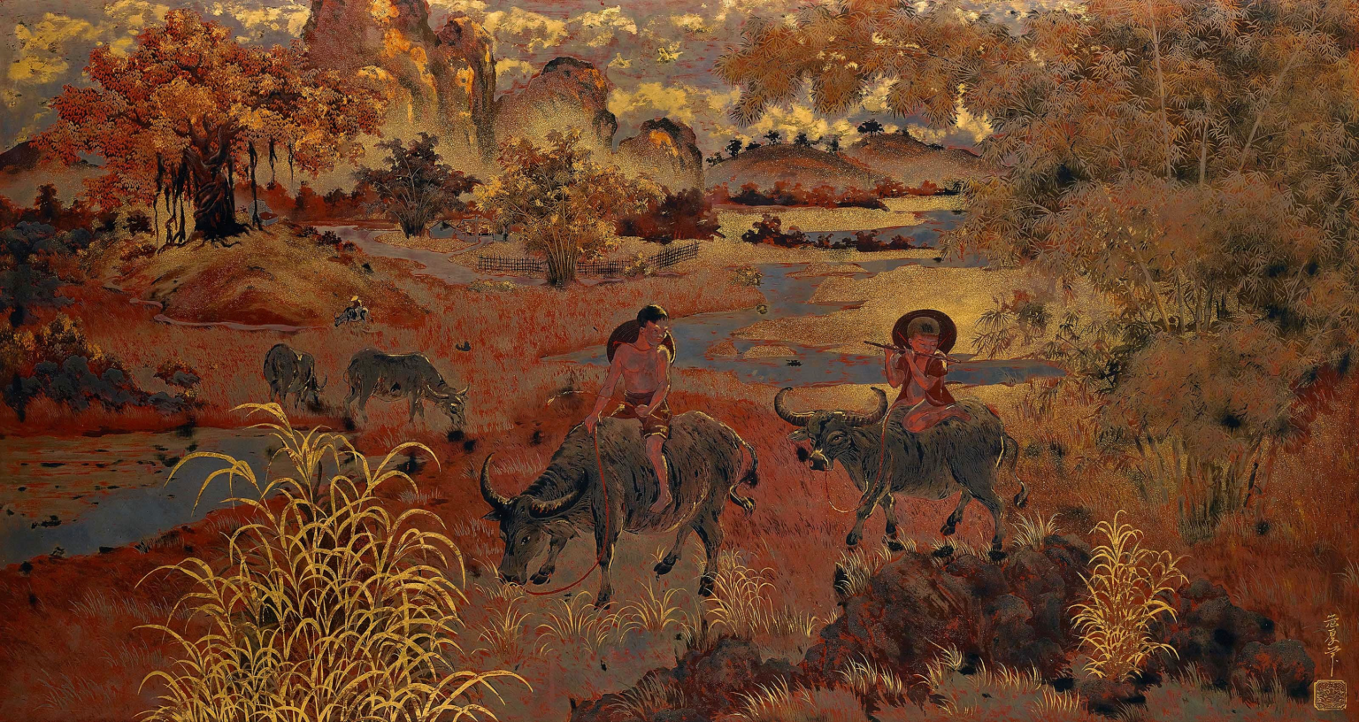 PHAM HAU (VIETNAM, 1903-1995)
Young Cowherds in Tonkinese Landscape
signed in Chinese (lower right)
lacquer on panel
80 x 151 cm. (31 1/2 x 59 1/2 in.)
Executed circa. 1938
one seal of the artist

The artwork we proudly present here is a magnificent and seductive lacquer on board. It distinguishes itself not only because of its rich aesthetic qualities, but also because it represents a milestone in the history of Vietnamese art. The work displays a high level of technical ability, as the lacquer process can be long and unyielding, and the historical context surrounding the work marks and illustrates a significant moment in Vietnamese painting.

Pham Hau attended the Indochina School of Fine Arts in Hanoi from 1929 to 1934, in the fourth generation of students since the opening of the school. These times bore major upheavals in the Vietnamese political, social and artistic landscape. While the search for beauty was a key component to the teachings of the Hanoi School of Fine Arts, the troubled political and social context of the time would have had a great influence on its students, and would have encouraged them to question their surroundings. 

Lacquer was taught as a subject of its own from the early 1930s. Pham Hau was one of its most talented, competent and gifted students, alongside Nguyen Gia Tri and Tran Quang Tran. 

The rhus succedanea tree is the primary source of lacquer in Tonkin. The resin is extracted by incision and can be first transformed into two colours: canh gian (cockroach wings) and den (black). The red, obtained from cinnabar, allows the artist to work with a polychromatic palette. The gold affixed seen here completes a clever and patient work of sandpapering, a process that allows no errors from the artist. This is key to a better understanding of the work accomplished here.

Our lacquer presented here is remarkable on two levels. Firstly, it is created on a single large panel, which is very rare, exemplifying the medium's expressive potential. Secondly, to our knowledge today, its subject is unique in Pham Hau’s body of work. The artist did not want his work to be a work of mere pageantry, he depicts a simple scene with two cowherds, one of them a musician, set in a peaceful pastoral in a Tonkinese landscape. It could well be somewhere on the road between Hanoi and Hoa-Binh, not far from Dong Ngac, the painter’s native village.

The phantasmagorical vision of this landscape beautifully contrasts with an almost ethnographic depiction of the two young cowherds in their environment. The exceptional depth found in this painting is highlighted by the different levels of the landscape, from the bamboo and the tree at the foreground, to the buildings in the middle ground. The eye of the viewer is then attracted to the faraway magnificent and dreamy landscape, a pictorial symphony indeed.

Doan Phu Tu (1910-1989) could have honoured this work with his magnificent poem Colours of Time : “Not blue, the colour of time / Mauve is the colour of time / Not intoxicating, the perfume of time / Light is the perfume of time.”

The artist’s chromatic range, where reds and greys are intensified by extensive applications of gold, are typical of the works from the 1930s and 1940s, giving the work a great sense of gravitas and dignity. The richness of the painting is also defined by the contrast in the alternate use of varnished and matte areas in the lacquer. This beautiful panel can be dated around 1938, considering the signature is entirely in Chinese characters and is accompanied by a very sophisticated seal. It is only later that Pham Hau started signing his works with his Roman name (sometimes together with his Chinese name) and would favour creating lacquer screens with arguably more decorative elements over large panels.

These two lovely cowherds, one a musician, exemplify Pham Hau’s sheer talent to overcome the material harshness of the task at hand, lending an enduring effect of art in everyday life. It is an exceptional work of true quality, a beautiful ode to the artist and his talent.

Jean-Francois Hubert
Senior Expert, Vietnamese Art