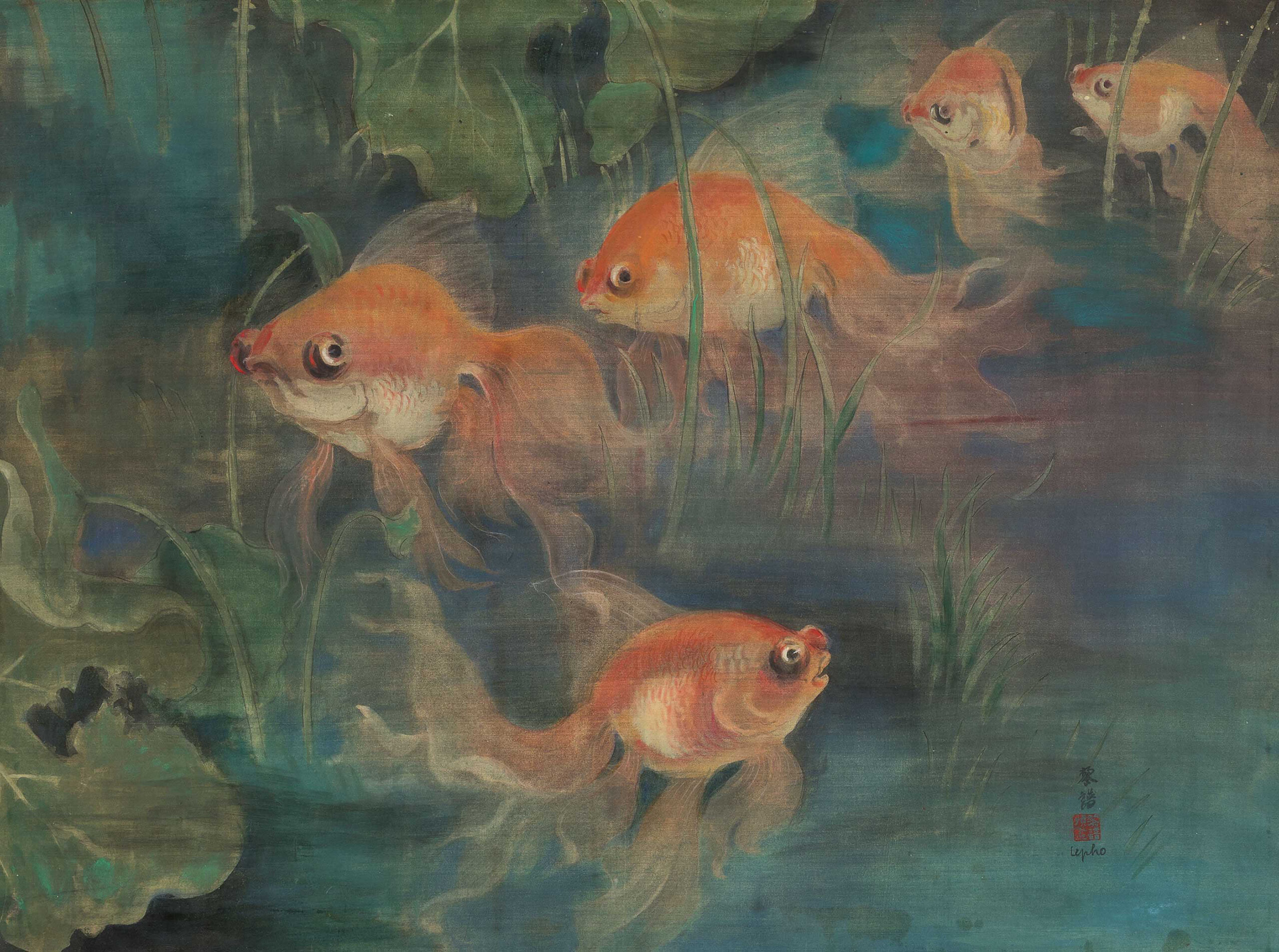 LE PHO (1907-2001)
Les poissons rouges (Goldfish)
signed 'Le pho' and signed in Chinese (lower right)
ink and gouache on silk
52 x 69.5 cm. (20 1/2 x 27 3/8 in.)
Painted circa. 1940
one seal of the artist