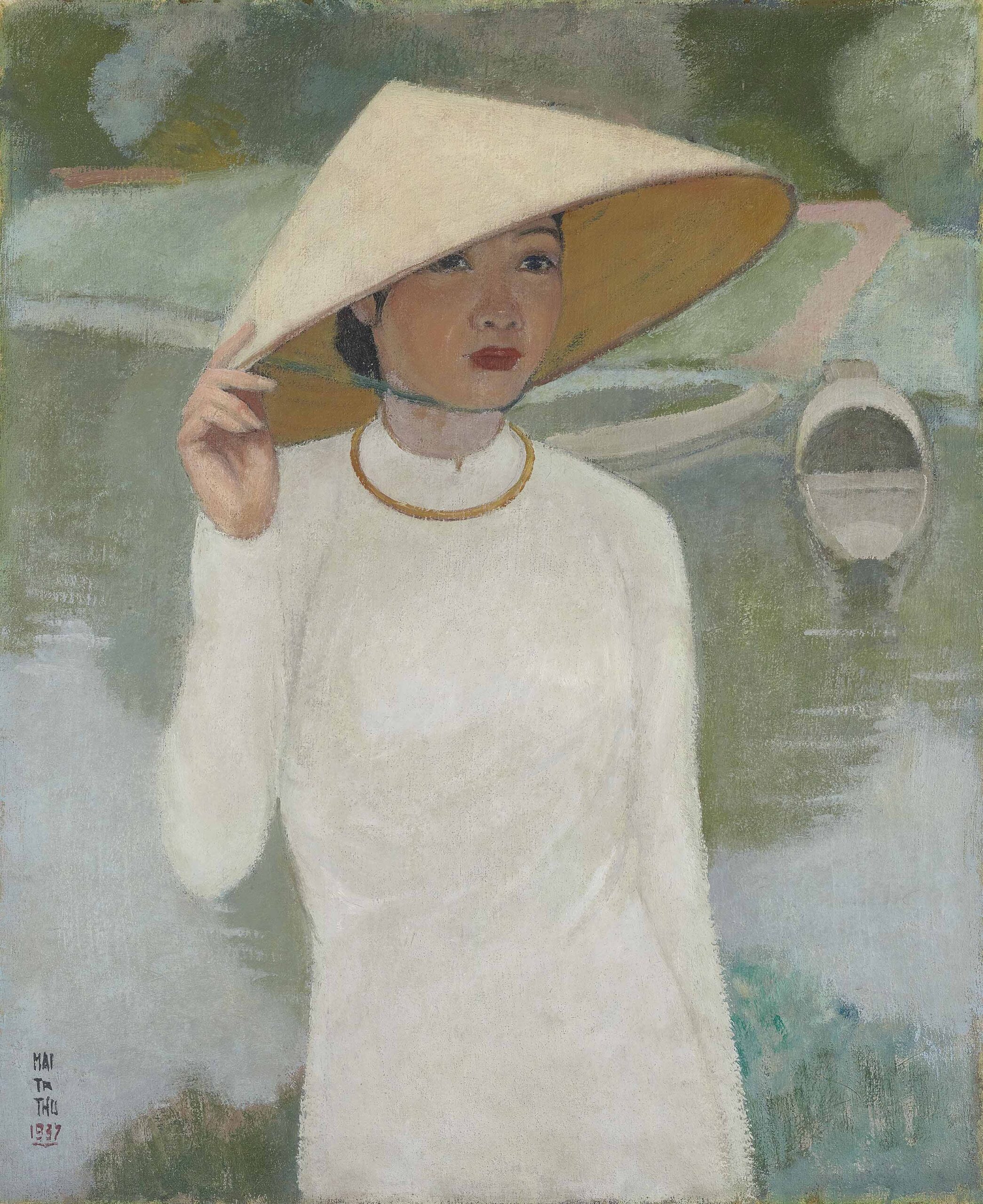 MAI TRUNG THU (1906-1980)
La jeune femme de Hué (Young Lady from Hué)
signed and dated ‘MAI TR THU 1937’ (lower left)
oil on canvas
73 x 60.5 cm. (28 3/4 x 23 7/8 in.)
Painted in 1937


"She is the Mona Lisa of Vietnamese painting.
The mystery of supreme distinction: the immaculate ao dai, the conical hat which serves
more as a crown than a headdress.
The gesture is like a call of grace.
One must have loved passionately to understand what Mai Thu felt for his muse from Huê.
The softness of the Perfume River.
Her charm has stopped time.
A sheer moment of eternity."

MAI THU, LA JEUNE FEMME DE HUÉ, 1937: THE SUBLIME RENUNCIATION

In 1937, Mai Thu's two best friends have already taken a leap: Vu Cao Dam settled in Paris as soon as 1931; Le Pho, after a first visit in France and in Europe in 1931-32, was preparing his return for the Universal Exhibition. 

On the other hand, Mai Thu, in this year 1937, had been teaching at Hue High School for several years. Platonic love or more we will never know but Mai Thu is madly in love. In love with one of his students. 

She appears on this extraordinary oil on canvas presented here. Setting, lighting and the lady herself, all bathed in grace and distinction. The place: probably the bank of the Perfume River, not far from the Thien Mu pagoda, where beauty and solemnity compete. The light, so particular to the River, envelops our beautiful lady.

She is dressed in a white ao dai - the color of respect - usually worn when one goes to the pagoda. Mai Thu uses a luminous white almost scintillating, applied as if it were an extension of the water to also enhance the light sway of the young girl. Her right hand slightly touches her conical hat, reminding it to protect her diaphanous face from the sun's rays. A simple torque enshrines the grace of her neck. With her eyes looking in the distance, she allows the artist to capture her and her distant charm so suitable to the young ladies of the time and place. Her face, full of absolute determination, expresses a maturity firmly asserted by her crimson lipstick and her made-up eyes.

The small boats are at quay, will they stay here or will they sail towards the middle of the River for the lovers to escape eyes and ears? 

Technically, the absence of flat colours allows subtle shades of tones, thus balancing the composition of the painting. But La Jeune Femme de Hué, in this year 1937, is more than an absolute masterpiece. It is the manifesto of an exceptional artist who takes his destiny into his own hands. 

Therefore, he will leave all their world behind, his and hers, to conquer the West. Only taking with him his talent and the memory of this woman here, this Vietnam here.

Alchemy of the universality of art, he will also give up the technique of oil on canvas - imported from France - to devote himself exclusively - in France - to gouache and ink on silk, a Vietnamese technique he takes with him. 

To continue his quest without denying himself, to renounce what should have been the perfect dream of an ordinary man: the act is sublime. It will be legitimized by the universal success of Mai Thu. He will be guided all his life by his "Lady of Hue"...

Jean-François Hubert
Senior Expert, Vietnamese Art