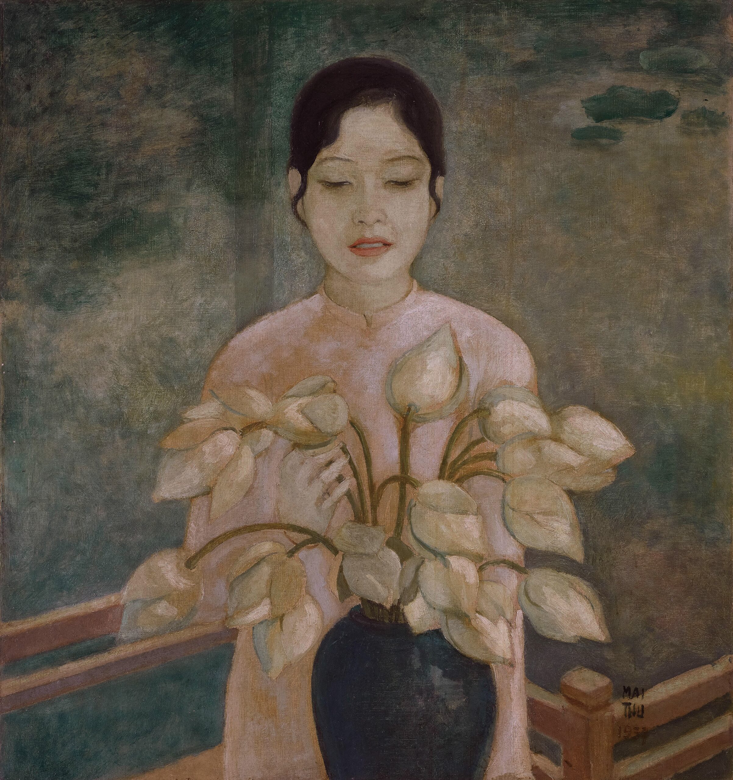 MAI TRUNG THU (VIETNAM, 1906-1980)
LA JEUNE FILLE DE HUÉ
signed and dated 'MAI THU 1937' (lower right)
oil on canvas
75 x 70 cm. (29 1/2 x 27 1/2 in.)
Painted in 1937

Love is always a multitude of emotions. To think it, takes courage, to know it, requires experience and
to paint it, demands talent. In Hue, 1937, Mai Thu painted this magnificent and extremely rare one-off piece, decidedly different to his usual style at the time with beautiful women and children showcasing his nostalgic references to his homeland. The gouache and the ink on silk are mediums he will use much later on to great acclaim. However, to describe and to capture forever his dazzling love, the great master decided to embark on a medium he could work with thoroughly - oil on canvas, a technique that allows repentances unlike painting on silk laid on paper.

The story about this painting is well known: in 1937, at a time when Mai Thu already graduated from the Fine-Art School of Hanoi, and since then had worked for the Lycée of Hue as an art teacher, specialising in drawing. While teaching, he continued to draw and paint, and the young lady painted as the main protagonist here was one of his favourite students. There was a hint of strong romance and affection in the air, but being older than her and a perfect gentleman, he never acted inappropriately on it and instead captured and immortalised her the best way he knew how - on canvas.

Contrary to his later and more conventional portraits, Mai Thu paints this work by offering us a recognizable face, capturing her posture as well. The beautiful young girl, her eyes looking down modestly, dressed with in a traditional ao dai; her face framed by her hair tied and gathered up in a bun. She does not pose, she is captured by the artist. Every detail is gracious, elegant and delicate, exemplified by the gentle way and manner in which she touches her hand to the flowers. Skillfully, the artist surrounds her with neutral background, mostly defined by a linear delineation of the fence in the background so the viewer is drawn by the intense relationship, in that instant, between the young lady and the flowers.

It is like Mai Thu, in his creation, was inspired by Man Giac (1052-1096), in these following verses:

Spring goes, a hundred flowers fall
Spring comes, a hundred flowers smile
Before the eyes, life passes by
On my head, age has settled
Don’t think when spring ends, all the flowers fall
Last night in the courtyard, an apricot blossomed.

The freshly cut lotus flower, not yet open, represent the freshness of his love and affection for the young lady. It is a kind reminder of the fragility and part of a flying moment in time, a grace that cannot last. The painting was one of the last precious memories in Vietnam, and was so meaningful to him that he even took it with him on the boat in 1937, when he left for Paris to attend the Universal Salon and Exhibition. She, however stayed in Hue, leaving him with such bittersweet sorrow.

As he got off the boat later that year, he experienced so much - the splendours of Paris, the close company of friends with Le Pho (settled definitively in Paris the same year), Vu Cao Dam (who arrived in 1931) then Le Thi Luu (1940), the hard times of the war against Germany, the first successes as an artist, yet nothing made him forget this young lady of Hue. He saw his close friends, Vu Cao Dam and Le Pho, get married thereafter with French women but even then, Mai Thu remained faithful to his love, feeling strongly a cultural nostalgia for Vietnam which he expressed vividly and elegantly in all his paintings.

In 1962, Mai Thu made a big decision, choosing to return to his native Vietnam 25 years later. He then found out that his loved one was no longer in Hue but in Saigon. He did manage to see her again, but according to the owner of the painting who witnessed their meeting together, the charm was broken: the young lady was the mother of a large family and the magic has disappeared, and heartbroken, Mai Thu returned to France. The painting was exhibited in Paris after being brought there, before the wife of Mai Thu’s brother bought it from him in the 1950s as a present to celebrate her son’s and his wife first diplomatic posting as he became the Chancellor for France in Ceylon.

Mai Thu, the most Vietnamese of the ‘Parisian’ group, a lover of Vietnamese traditional music, also a filmmaker, was never able to forget her coquettish smile mixed with the inherent grace of the young ladies of Hue. Furthermore, he probably never forgot the fresh and pure air coming from the mountains of Laos, traveling along the waters of the magnificent River of Perfumes.

Nguyen Binh (1918-1966) relates so well the drift of his thoughts in the The Boat Girl :
After three years had passed spring came again
But time had brought her passion to an end
No need to wait for what seasons may bring
She gave up her dream of seeing that friend.
Farewell boat, farewell rowing, farewell tide
The boat girl left as another man’s bride,
But since her leaving the river that spring
Many longed for the face of their young guide.
Love still remains a treason, but from this treason, the artist transforms it in immortality, a timeless love transcending the years.

- Jean-Francois Hubert, Senior Consultant,
Vietnamese Art