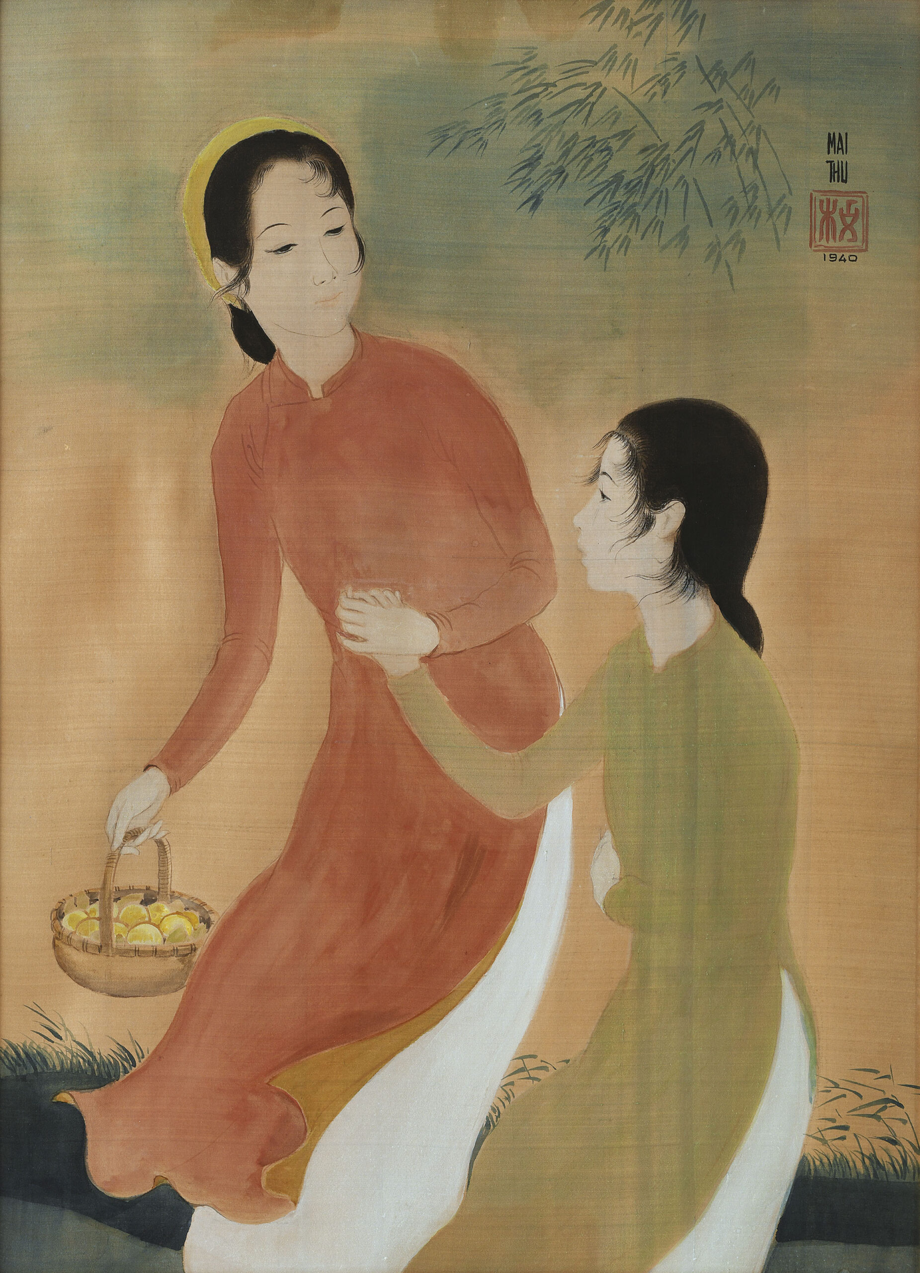 MAI TRUNG THU (1906-1980)
Le Vent Printanier (The Wind of Spring)
signed and dated 'MAI THU 1940' (upper right)
ink and gouache on silk
55 x 40 cm. (21 5/8 x 15 3/4 in.)
Painted in 1940 
one seal of the artist


In 1940, when he painted this rare and subtle gouache and ink on silk, Mai Thu was already living in France for three years. He was probably in Mâcon - where he was demobilized after the defeat against Germany. The work bears all the characteristics of his early works: a shaded background, almost unicoloured, large figures taking centere-stage, and the sober tone of the pigment used.

However Le Vent du Printemps strikes by its overall dynamism, very different from the hieratic works often created by the artist. The wind sweeps the work from right to left, bending the bamboos at the top right and the reeds at the bottom, rushing into the woman and the girl's ao dai, ruffling their hair. They do not seem to pay attention to this spring wind and do not seem to care about the close pond. The artist has chosen not to depict their lower limbs because the central and essential element of the painting is the adult holding the young girl's hand tightly while giving her a look of kind authority. In her right hand, the woman holds a basket filled with Lucumas, a fruit very popular in Hanoi's desserts in Mai Thu's times when it was harvested from August to October, and used to make ice cream and cakes. These fruits bring, along with the lady's hairstyle, a modest but bright note of colour in a painting which is meant to have an atone connotation. Subtle allusion of the artist? The Lucuma -originally from South America- imported during the French colonization is set next to the Tonkinese headdress, and symbolises the two major influences on Vietnamese painting. Mai Thu amplifies the meaning further. When the wind of history passes, one must proudly and strongly make it a companion not to give into it, but to be moved while imposing the direction of the path itself. The challenging breath of freedom.

The young girl, questioning but confident and attentive is Mai Thu, this beautiful, mature, elegant and solid woman is Vietnam, and the fresh wind is France, his host country.

Of course, the wind will not always be "spring" as the following harsh years of the German occupation will show, but it will bring fresh air all along his life during Mai Thu's work.

Jean-François Hubert 
Senior Expert, Vietnamese Art