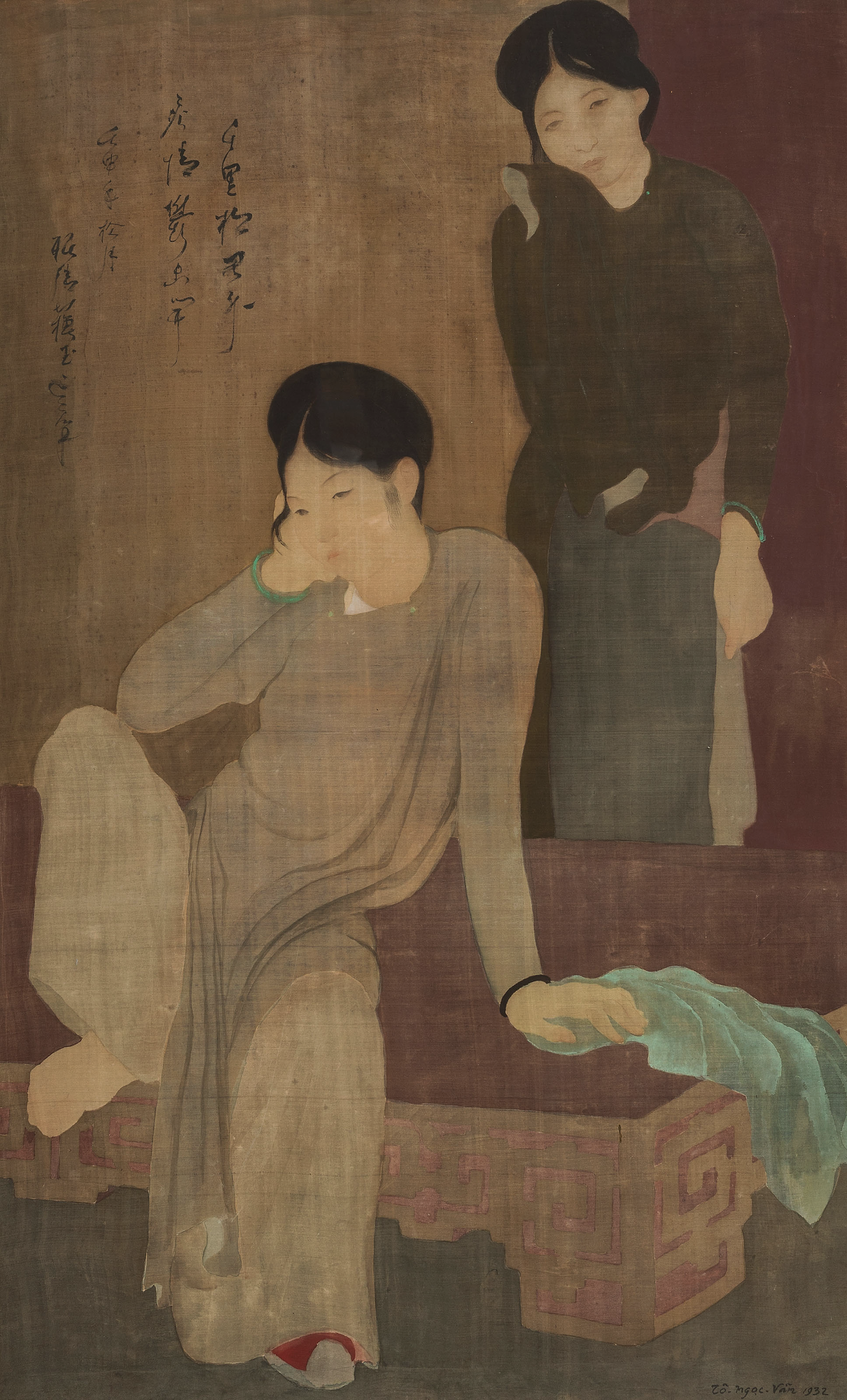 TO NGOC VAN (VIETNAM, 1906-1954)
Les Désabusées (Disillusionment)
signed and dated 'To ngoc Van 1932'; inscribed in Chinese (upper left)
ink and gouache on silk
92.5 x 57 cm. (36 3/8 x 22 1/2 in.)
Painted in 1932

Provenance
Agence Economique de l'Indochine (AGINDO), Paris
Private Collection, Paris, 1993
Anon. Sale, Sotheby's Singapore, 6 April 2003, lot 110
Acquired at the above sale by the present owner
Collection of Mr Tuan H Pham, California, USA

Exhibited
Singapore, Singapore Art Museum, Visions and Enchantment, South East Asian Paintings, June - August 2000.
Morlanwelz, Belgium, Musee Royal de Mariemont, La fleur du pecher et l'oiseau d'azur, April – August 2002.

"The words of a poem endure the bites without complaints,
And my heart's blood gushes out and spreads everywhere.
This poetry is in my heart and never stops singing,
Its plaintive echoes resonate all around. "
Han Mac Tu (1912-1940)
Attachment

"Voyaging far away from home my affection is like a flower in despair longing for the bloom": the painter delivers us a handwritten clue for a better understanding of his work.

The hard-felt disillusion through these two elegant women in their posture expressing prostration and, or disillusionment, is accentuated by the rich furnishing and the smart clothing of these two women. What is it for the artist: a recognition or an illusion of prospection? In other words, does he express the end of one world or does he offer the possibility of a new one? In 1932, To Ngoc Van, Inguimberty's favourite student, is evoking more than he is assertive.

His style would later evolve into a politically militant style, but for the moment Ngoc was not yet part of the revolutionary movement that he would join in August 1945. When he worked on this painting, he was also not yet the first director of the Ecole des Beaux-arts de la Résistance which would open in Dai Tu in the Thai Nguyen province where he would joined his colleagues Tran Van Can, Nguyen Khang and Nguyen Tu Nghiem, among others.

Yet in this work we can already find the principal themes of 20th Century Vietnamese propaganda art. If we are far from the slogans 'fight and build' and 'learn to live', this work reflects more of a change of milieu rather than of theme. The status of Vietnamese women, the legitimacy of an elite class, the influence of the West, the eventual submission to Chinese influence; all already exist in this painting.

The Vietnamese women are beautiful, elegant and refined and are presented in a similar setting. To Ngoc Van succeeds in creating an outstanding work of art which is also a political manifesto, with subtleness and irreproachable technique. He illustrates a theme (including the constant evocation of the Trung sisters who opposed the Chinese invasion of Vietnam in 43 A.D.) that challenges the Vietnamese identity. All is already inherent in this To Ngoc Van's work dated 1932: Confucianism, nationalism, cosmopolitanism, the span of history. The entire history of Vietnamese painting is contained in these varied, sometimes contradictory, but always talented responses to these major and universal questions.


The Tuan Pham Collection 
Elegance Of The Heart And Vietnamese Masterworks 

A man with a quiet smile despite heavy odds is most likely a survivor. And the collector Tuan Pham has a quiet smile that's both peaceful and subtle. 

From the outset, we understand that from a long time since, he knows that words are the scars of the soul: a sense of self-restraint in his expression, choosing to hold back a little. Let's hope he will forgive us for getting him to say a few words on himself and his splendid collection, our best ally in our intrusive quest in Vietnamese fine art. 

An extraordinary collection started 30 years ago: 
“…during one of my leisure vacations in South Florida in the late 1990s, I was walking by a small gallery and caught a glimpse of a small painting. It was a still life composition with vase and flowers. The vase was blue and white, reminiscing of the 19th century vase exported from China. The flower was beautiful yellow and blue, and in the obscured background was the Eiffel Tower. There was a story within the painting to be discovered. As I approached the painting, I saw that it was signed in Chinese characters above the name Le Pho (which I thought was Li Pho, a Chinese name). I purchased the painting without realizing that Le Pho was an artist from Vietnam. It was the first painting in my Vietnamese collection, and it started a personal journey that reconnects me with my birthplace.” 

Taking a prophetic meaning, this first purchase resembles more a manifesto in that it condenses yet encompasses all the elements that give the 20th Century Vietnamese paintings its true universal value. Vietnam, where the painter Le Pho was born in Hadong near Hanoi), France (the Eiffel Tower), China (the vase), America (South Florida), all clues that define the Vietnamese pictorial approach. 

But a first stone is not enough to build a castle. Other explanations are perhaps needed to better understand Tuan Pham's pioneer's work. Any successful life consists in consoling the child we once were. It seems to particularly ring true of that for our collector. 

Saigon, April 1975 - a child of thirteen years is with his brother and both are waiting to leave and flee their country. The war rumbles in the city's faubourg, a war the young man barely felt until then, as he was brought up in Dalat in an affluent family. The young Tuan then finds himself in Florida as a refugee, labelled an orphan before getting to California alone with his brother as his whole family (father, mother, and siblings) stayed in Vietnam. He will see them again only 18 years later. 

Overcoming, excelling, surpassing: for Tuan Pham there were no other choices. At a young age he knew already that a quiet stoicism was needed, and that noise and complaint does not do much good. Overcoming the difficulties of the moment, concentration on self, neglecting the derisory: such was the way 'combat' was engaged and won. 

Was he inspired by Nguyen Binh Khiem (1491-1585): 
" In my madness I searched solitude 
The clever ones can mingle in the noise of the world " ? 
(Time Table) 

In 1978, he met the one who would become the love and the strength of his life, Jacqueline Diem Thuy Tran. This and becoming a brilliant PhD graduate in 1989 (University of California, San Diego), would become his first milestones in what would be a path of hard work which led to continued success: 
"I started Phamatech, a biotechnology company and laboratory, in 1992. My mission is to utilize new and emerging technologies to provide greater health awareness, early diagnosis of medical conditions and enhance quality of life and treatment options for patients. Now more than 25 years later, not only was I able to achieve my professional goal in building a respectable and meaningful company, I have been able to share Phamatech's success by giving back to the community. For many years, Phamatech has been a regular sponsor for numerous community events to promote different culture and arts, especially Vietnamese. We help started a non-profit group that teaches Vietnamese language and culture, and for each of the past 10 years, Phamatech has given out college scholarships to many under-privileged students to achieve their dream of attending college.” 

The first part of the collection presented here includes seventeen works and nine painters. Four of these painters would leave Vietnam for a life in France where they will create, live and die. Five others would stay in Vietnam. If it appears like an equitable number between those who left and those who stayed, it is important to mention that the four are represented by twelve works and the five by five works... What really brings to attention in the collection are thematic representations: the over representation of woman, a mother (his mother, the mother of his three sons, Alan, Brian and Daniel); being in love; sisterhood; elegance and grace ; emancipation and freedom; and objects of desire or contemplation. 

The expression of a strict classical Vietnam is also very present by the depictions of women in the traditional ao dai, conical hats, traditional buildings; traditional games; traditional fishing, and the civil mandarin. It is important to note that the divine is barely evoked and that the themes can intersect: in To Ngoc Van's masterpiece Les Désabusées for example where the elegance of the pose doesn't obliterate the power of the message (and its quest for meaning). Vu Cao Dam's Amoureux (Lovers) is also an allusion to the Kim Vân Kiêu. 

There are no landscape paintings either as if the paintings were a mirror in which the collector could gaze at past times. 

The following works featured here are masterpieces, executed by painters at the height and best of their art. To complement the works, we have added poems extracts to enhance and explain the works as a tribute to Tuan Pham, a lover of art and poetry. As a collector of such beautiful paintings on this journey here, we step aside and let him say the last few words here. 

“I have grown attached to many paintings, but like the artist who painted it, it really isn't my painting, and it should continue to find its place among collectors. My journey is complete, and it's time for someone else to start his or her own personal journey.” 

Jean-François Hubert 
Senior Expert, Vietnamese Art