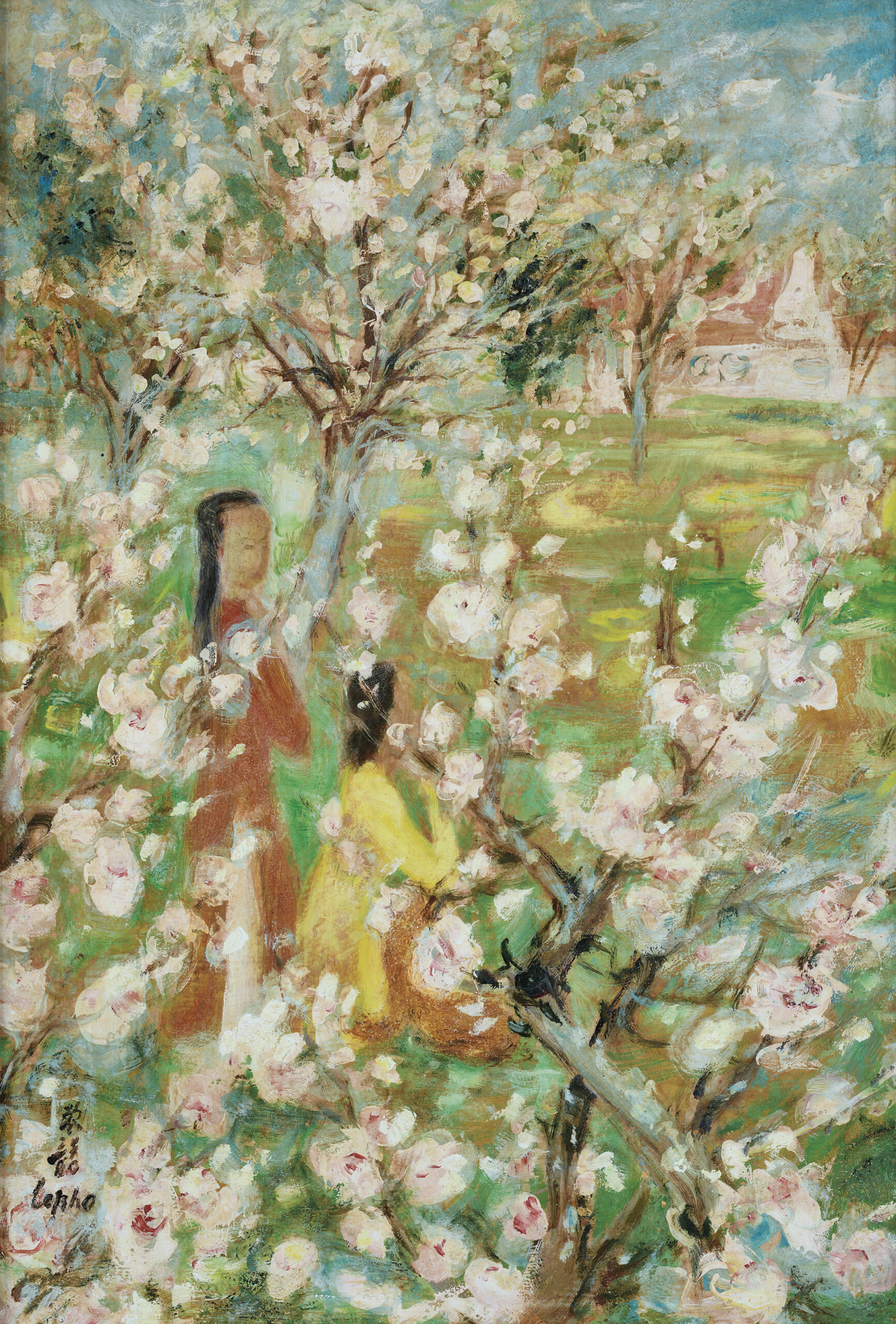 LE PHO (1907-2001)
Le Printemps (Spring)
signed in Chinese and signed again ‘Le pho’ (lower left)
mixed media on silk laid on board
72.5 x 49.5 cm. (28 1/2 x 19 1/2 in.)
Painted circa 1955
