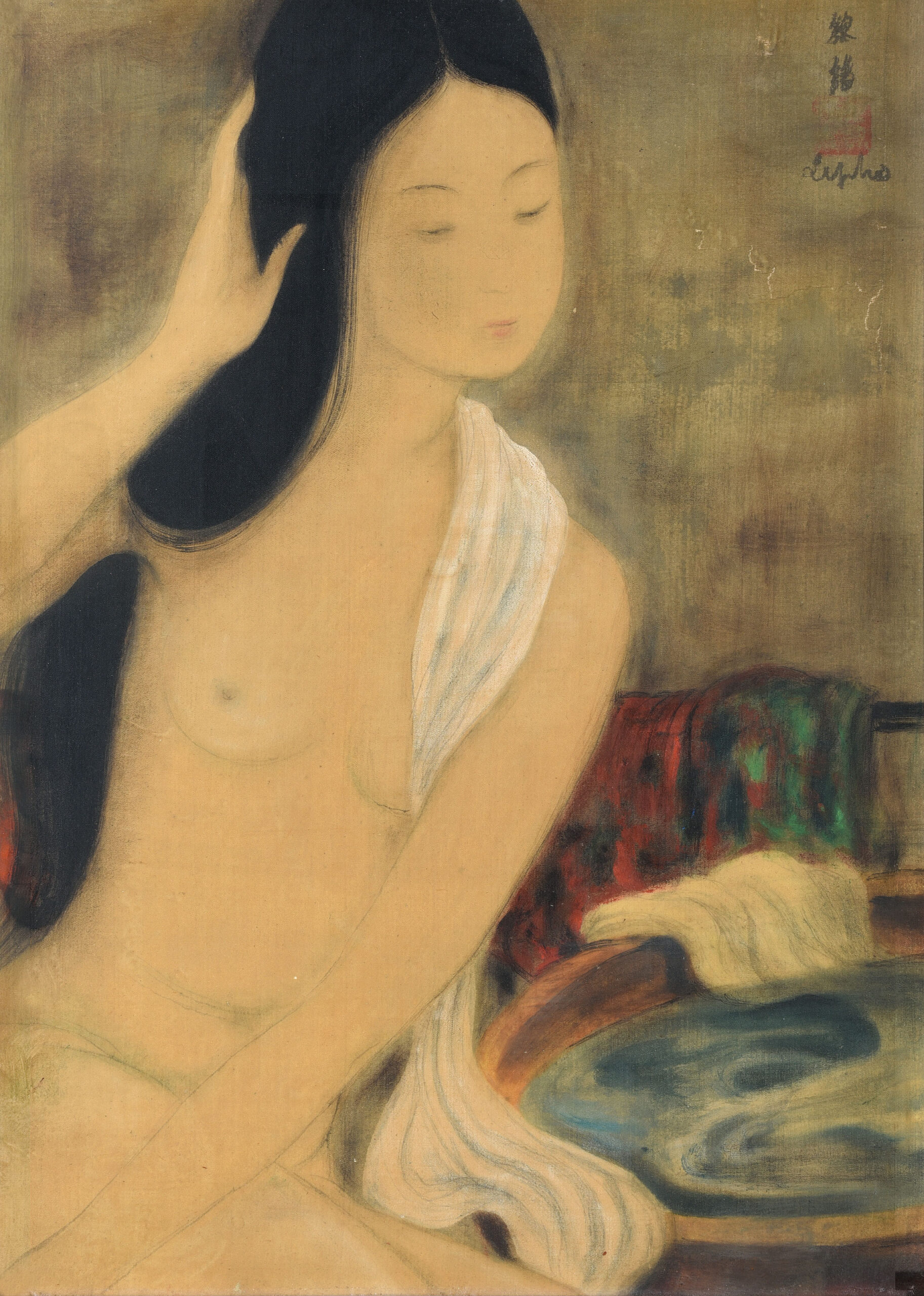 LE PHO (VIETNAM, 1907-2001)
La Toilette (Washing)
signed ‘Le pho’, signed again in Chinese (upper right)
ink and gouache on silk laid on paper
31 x 23 cm. (12 1/4 x 9 in.)
Painted in 1942
on seal of the artist

A personal gift from Le Pho to Docteur Tinh Doan, Troyes, France
Private Collection, UK

Waldemar George, Le Pho, 1970 (illustrated, np). 
Jean-François Hubert (Ed), L'Áme du Vietnam, Paris, France, 1996. (illustrated catalogue, p.58). 
Jean-François Hubert, Catherine Noppe, Arts of Vietnam, New York, 2003 (illustrated, p.213). 
Universalia, Paris, 2001. “Vies et portraits”, Le Pho 1907-2001.

L'Áme du Vietnam, Paris, France, 1996
Netherlands, Scheveningen, VSB Circus Theater te Scheveningen, De schilderkunst van Vietnam, 1-30 November 1997.



In 1935, Vietnam any painting of a nude was the fruit of a clash between two mentalities: on the one hand a national Confucianism in which any such representation is inconceivable and, on the other hand, the imported teaching model of the École des Beaux-Arts de L’Indochine (Hanoi, 1924) in which representations of nudes were indissociable - by the required difficulty of execution (drawing, colouring) - from any genuine apprenticeship in painting.

Very early on, under the aegis of Victor Tardieu, during the first three years of their apprenticeships the students were called upon to practice drawing nudes for several hours a day. To achieve this, (voluntary) prisoners were released from their humid prisons to “pose”. Needless to say, no female models were ever invited then.

Furthermore, nudes are rare not only in Vietnamese art in general but also in the case of Le Pho’s vast oeuvre. The painter confided to me that one of his motivations to return to France in 1937 was to deepen his knowledge of the two painters whom he always considered to be his real influencers: Matisse and Bonnard. One can well see that in this work (Lot 13) that Le Pho “cites” both post- 1907 Matisse by subduing the colours to the composition, and post-1910 Bonnard by painting a naturalist and carnal nude.

Le Pho loved this picture which he had painted during a difficult year. Three years earlier, in 1939, he had volunteered to join the French army to fight the German Nazi army. From his second and definitive arrival in France in 1937 (after his first stay in 1931-31, notably as assistant to Victor Tardieu at the 1931 Exposition Coloniale Internationale in Paris), the artist had observed with anguish the rise of Nazism and the fundamental racism that accompanied German military victories. Demobilised after the defeat in 1941, the painter exhibited in Nice where he based himself. Other exhibitions followed, but the atmosphere was heavy and the German Occupation was terrible: raids, deportations and hunger were inherent in this accursed time which he shared with his friends Mai Thu, Vu Cao Dam, Le The Luu or Doctor Doan - to whom he offered this painting (see Introduction).

It was in Paris in 1943, on year later, that Le Pho met Matisse in person, and through his knowledge of Matisse’s paintings he was able to have a direct discussion with Matisse that led him to lighten his palette.

One can therefore understand the historical importance of this work, a fountain of youth in this heavy atmosphere, a marker in the oeuvre of this artist who loved women (a sentiment that was reciprocated), which brings to us an extraordinary representation of elegant sensuality and radiant grace. The deep black of the ink-drawn hair in the upper left of the painting contrasts with the soft and deliberately swirling colours of the bathtub and the furniture - forcing us to amply discover the nude’s body, with its sweetly drawn bosom and alluringly curved stomach. The nude’s bashfully lowered left hand is counterbalanced (upper left) by the nude’s right hand which, with a subtly seductive gesture, draws back her hair so that, as if this was necessary, her body could be better exposed. The white towel or shawl, which accentuates more than it hides, acts to complete, in a Tonkinese allusion, an utterly sensual painting which ranks as one of the artist’s masterpieces.

Jean-François Hubert 
Senior Expert, Vietnamese Art