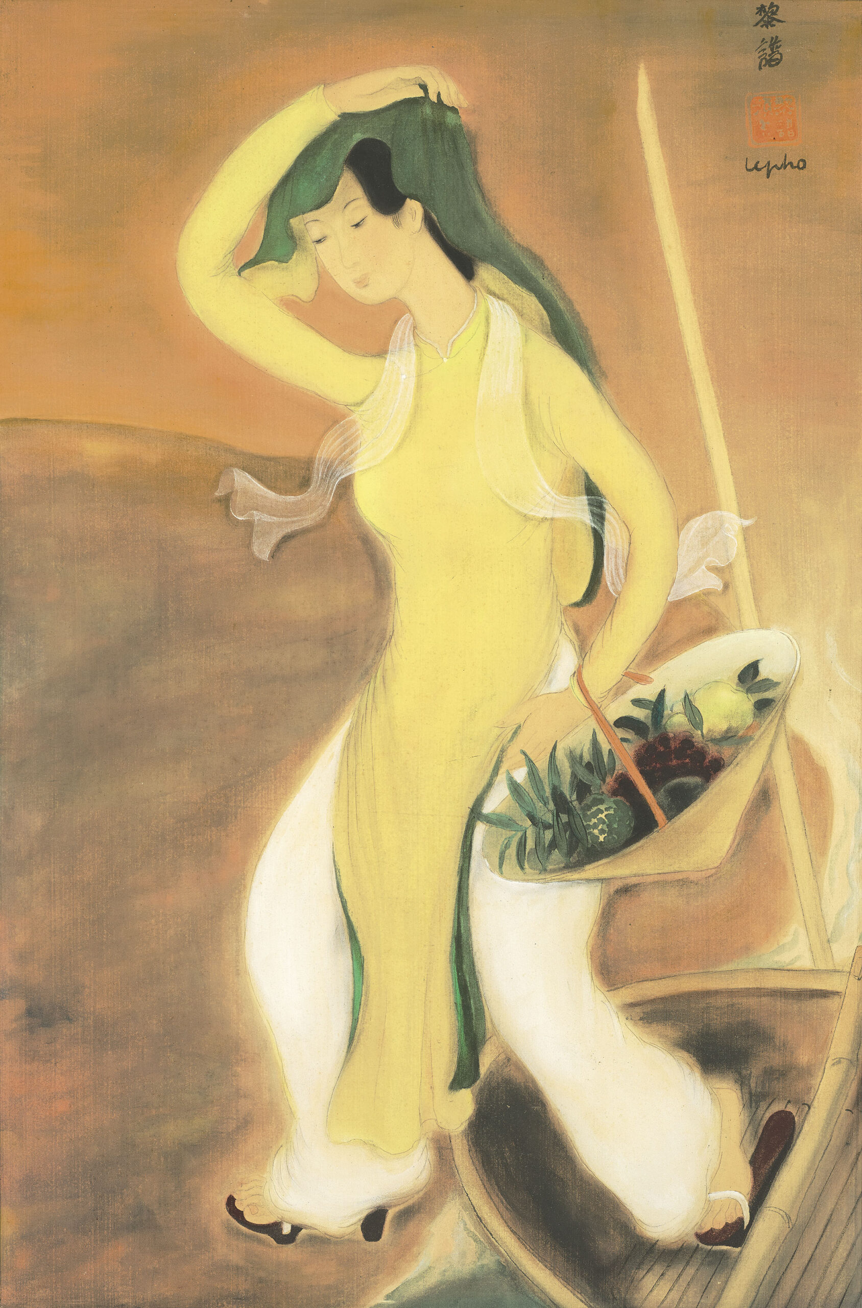 LE PHO (1907-2001)
La femme en jaune (Woman in Yellow)
signed in Chinese, signed ‘lepho’ (upper right), inscribed and titled ‘408 Romanet A 71 La femme en jaune’, with a stamp from Algerian customs (on the reverse)
ink and gouache on silk
42.5 x 28.3 cm. (16 3/4 x 11 1/8 in.)
Painted circa.1938
one seal of the artist