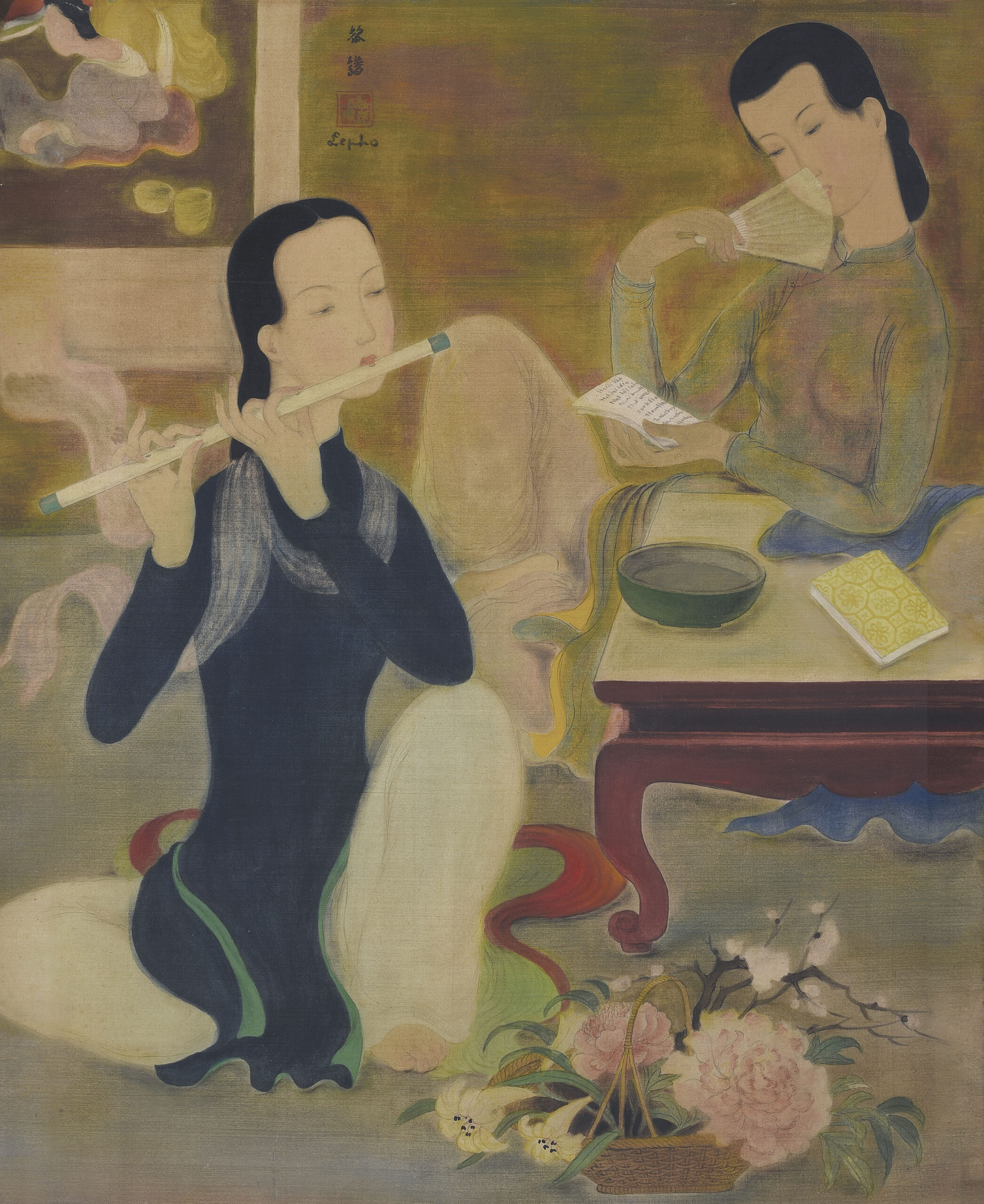 LE PHO (VIETNAM, 1907-2001)
Le Concert
signed 'Le pho', signed again in Chinese (upper centre); inscribed 'Le Concerte No 62' (on the reverse)
one seal of the artist
ink and gouache on silk laid on board
60 x 50 cm. (23 5/8 x 19 5/8 in.)
Painted in 1938
one seal of the artist

Galerie Romanet, Algiers
Acquired from the above by the previous owner, 1942
Private Collection, Europe

Algiers, Galerie Romanet &amp; Galerie Pasteur, 'Le Concert' 1941-1942

It is agreed today that the life of the great Vietnamese painter, Le Pho, can be divided into three distinct periods. In our regular meetings and discussions previously he agreed on this chronology of his entire oeuvre. Each period can be classically named and dated with their specific distinctive identifying characteristics. 

The first period begins with his years of training in Hanoi’s School of Fine Arts (1925-1930) all the way to the early 40’s. Le Pho clearly favoured the practice of oil on canvas, avoiding working with too much traditional Vietnamese lacquers due to his allergies but, gradually, he specialized in gouache and ink on silk. Beyond the techniques, his work was always marked by a strong and marked Mandarin solemnity, reflecting his scholarly background. 

The second period, from 1945 to the very early 60s, is known as the Romanet period and was named after the painter’s gallerist, Paul Romanet. During this period, Le Pho continued painting on silk - using a thick varnish that modifies the appearance of the colour palette which was more suitable to the artist’s new impressionist style, being influenced with his time spent in Paris. 

Finally, the Findlay period, from 1963 to the late 80s, named after an American gallery with whom Le Pho signed a contract (as did his friend and contemporary Vu Cao Dam). During this period, Le Pho returned to painting on canvas using exceptional bright colours unique to his work and still typified in an impressionist style. At the end of the 80’s, after suffering from a bad accident, he never painted again. 

Within these periods, within the great book of life, beyond the chapter, we must aim to identify each page which marks the work of an artist and lead us in the full awareness and understanding of universal beauty, an exceptional moment where the artist’s talent meets in perfect harmony with the spectator’s sensitivity. 

The present lot The Concert, is one of Le Pho’s major works, unique in composition and extremely important as it provides us with a key insight and understanding of his life in Paris. 

When the painter completed our painting, probably in 1938, he was at the peak of his artistic career and excelled in the use of gouache and ink on silk. Up to then, the painter worked mostly on silk; creating representations of beautiful Madonna’s and maternities inspired by the European Primitives he spent time observing in museums since his arrival in Paris in 1932. In this period he also practiced on subjects such as evanescent young women, still-life and flowers arrangements. 

The situation of our artist reminds us of Nguyên Gia Thiêu (1741-1798) and his masterpiece the Cung Oan Ngân Khuc (Sadness of the Palace) because the poet and the painter meet in these verses joining together the Buddhist pessimism on impermanence and the universal grief and the pessimism of the former ruling class, which was disappointed by the Tây-Son’s revolt : 

How pure was the accent of the cithara in the back of the palace, 
And the plaintive flute under the purple veranda! 
The more their romance vibrated and the more I was exhilarated, 
The more their rhythm rushed, the more my heart soften. 

To better understand the context of this painting and to better imagine the scene and the moment of execution, a few facts need to be recalled. In 1931, Le Pho was assisting Victor Tardieu during the Colonial Exhibition in Paris. The International Colonial Exhibition (Exposition Coloniale Internationale) , wasa six-month colonial exhibition held in Paris, France in 1931 that attempted to display the diverse cultures and immense resources of France's colonial possessions. In 1937, he was the artistic director of the Indochina section at the Universal Exhibition in Paris. In the meantime he was teaching at the Hanoi Fine- Art School, his students were brilliant and his talent was well regarded and recognized by the distinguished and cultural circles in Indochina. 

What could possibly have pushed a well-heeled man of society of thirty years of age to leave behind a successful life and material comforts for a far away and unknown city? Le Pho had a few recommendations, spoke perfect French but in the late 1930s, Paris was the place where all the artistic talents of the world would gather and congregate together – a gathering of great creative minds and impulses. At that time, Le Pho was just a painter among many trying to conquer not only Montparnasse but also the Parisian galleries. At the very least, following the proactive actions of AGINDO ( The Economical Agency of Indochina) and the 1931 Exhibition - it meant there was already a public awareness there of his art. 

Perhaps he was thinking of these four verses of Chinh Phu Ngâm (the masterpiece of Vietnamese literature of the late eighteenth century written by Phan Huy Ich):

Each year the charms further fade; 
Man lingers in distant lands. 
Why the body and the shadow, never to be separated 
Now are like the evening star and the morning star? 

This painting is exceptional because it is the manifesto of what makes a man’s destiny: the journey, a lifelong quest or as an escape. 

At the very moment Le Pho was painting this scene, we can imagine him feeling a profound nostalgia for his native homeland. Here we are, far away (as for the iconography) of the Madonnas and yet so strongly influenced by the great European Primitives, beautiful portraits of women wrapped at times in their gentleness or at times in their seduction. 

The great painter offers us here the phantasmagorical description of a Vietnamese interior full of charm, coming through with an unprecedented force. A beautiful lady musician plays the flute while another evanescent young woman reads a letter (a booklet) behind her fan. The writing can be identified as quôc ngû and we can identify a few words: Môt vài lòi (a few words), Thò vong (resounding breath). The woman in her ao dai enjoying the fan leans nonchalantly on a low Vietnamese style table. The musician seems to actively search, deeply within herself, the music to find the sounds of a lost and loved Vietnam. 

Le Pho used with great mastery the black ink along with soft tones of gouache such as yellow, red, green and blue giving the rich composition a true ethereal lightness. In the right lower corner of the painting, an atypical Vietnamese wicker basket contains a flower arrangement of Asian flowers – the lily, peony and prunus. 

The effort by the artist to make the scene as Asian as possible is shown in the details in the painting; from the pattern on the notebook’s cover placed on the table; or even in the kakemono hanging on the wall. We can discern a Chinese influence probably inspired by Le Pho’ s visit in China in 1934 as well as a Japanese influence evoked in the female headdress. Finally an empty background in a green and brown colour reinforces the relationship of the two young women immersed in their scholarly pursuits. 

This magnificent work was previously exhibited in 1942, in the Galerie Romanet in Algiers (then French Algeria). It was purchased by a well-known French personality and was kept intact in the family to this day, including its French frame (from the early 1940s) which was made specifically for the purpose of this exhibition. A breath-taking work, a masterpiece, this present Lot represents the absolute best in the master painter’s oeuvre. 

Jean-François Hubert Senior Consultant, Vietnamese Art