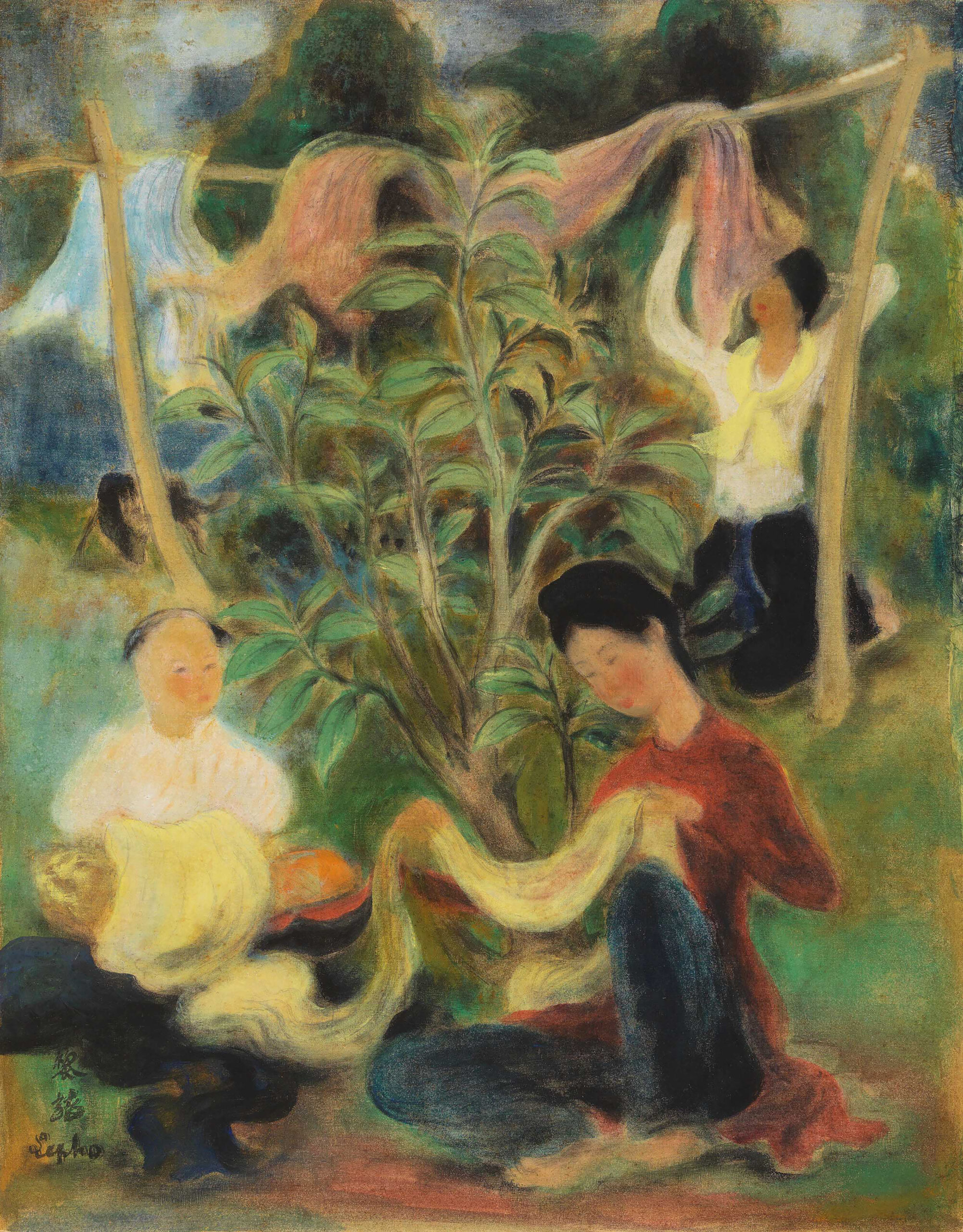 LE PHO (1907-2001)
Les Teinturières 
signed in Chinese and signed 'Le pho' (lower left)
ink and gouache on silk
41.5 x 32 cm. (16 1/4 x 12 1/2 in.)
Painted circa. 1945

Galerie Art Français, Paris, France
Anon. Sale, Sotheby's Singapore, 16 April 2006, lot 88
Acquired at the above sale by the present owner
Private Collection, Asia

Le Pho: Les Teinturières (The Dyers) An Homage to the Vietnamese Dyeing Craft

Le Pho, generally known for his ethereal Madonnas and vibrant flower bouquets, surprisingly has decided here to portray dyers and their craft, a beautiful tribute to the labourers of his homeland working with the traditional Vietnamese materials of cotton and silk.

As early as 679 A.D., a Vietnamese woman by the name of Houang Tao P'o imported the growing and the weaving techniques from the province of Guangdong, China. This knowledge comprised dyeing methods and the fabrication of colour dyes which were distinctively Vietnamese through organic extraction. An example of this would be the extraction from the Vang wood (Caesalpinia Sappan) to provide a vivid red colour.

For many centuries after, the Vietnamese spent centuries exploring, developing and perfecting techniques to obtain the finest raw cotton cloth used in all commodities using weaving and dyeing. 

Le Pho was distinctly aware and admired this aspect of Vietnamese craftsmanship and skill, and always claimed that one had to fully master the handiwork of their art before any chance of becoming a great artist. It might explain why Le Pho decided to paint un hommage to the Vietnamese artisans' hard work and their dedication to their craft. The dyer's sensibility to the intensity and quality of colour is at the centre of their skill and essential to the technique of silk painting as they needed to have an in-depth understanding of the visual effects of dye on cloth.

The dyer and the painter work hand in hand to generate an art form unique to the Vietnamese aesthetic. Set in lush and abundant green surroundings, two seated ladies handle the roll of cloth at hand, while in the background another hangs on a clothesline some cloth for drying.

The portrayal of a real-life observation leads to a simple composition that only serves to highlight and underline the multiple skills and processes required in their craft. 

There are no kings without their subjects, as there are no great artists that are not an heir claiming his national identity. Le Pho captures the essence of this, and leaves a strong imprint of his culture, on both national or international levels. This stunning painting is a perfect illustration.

Jean-Francois Hubert
Senior Expert, Vietnamese Art