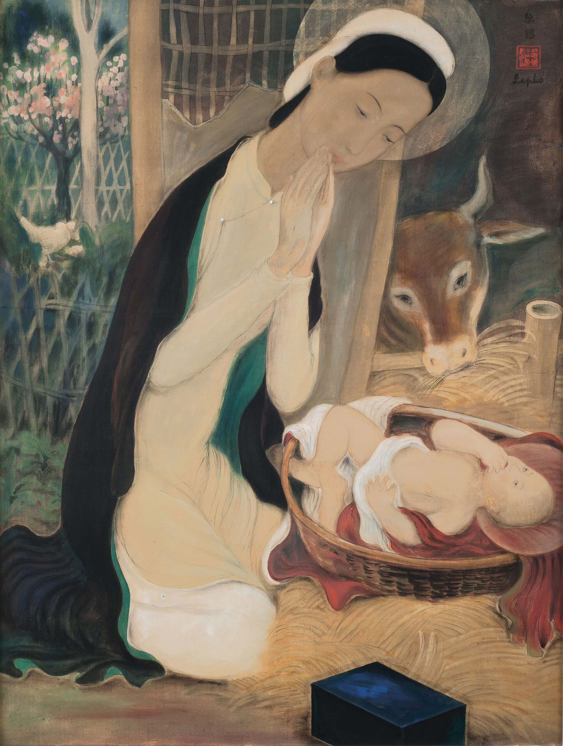 LE PHO (VIETNAMESE, 1907-2001)
Nativité (The Nativity) 
signed in Chinese and signed 'Le Pho' (upper right)
ink and gouache on silk
69 x 54.5 cm. (27 1/8 x 21 ½ in.)
Painted in 1941 
one seal of the artist

Galerie Lorenceau, Vichy, France
Private collection, France
Thence by descent to the previous owner
Acquired from the above by the present owner

George Waldemar, Le-Pho, Wally F. Findlay Galleries International, Paris, 1970 (illustrated, indexed by year).

Vichy, France, Galerie Lorenceau, 1941. 


A visual masterpiece often arises from a positive encounter between a brilliant painter and a new historical context. When Le Pho painted this sublime Nativity scene in 1941, he had been living in France since 1937, and was not yet aware that he would end up spending the rest of his life in Paris. Back in Hanoi, he was a brilliant student who graduated in 1930 from the Fine Art School where he was noticed by Victor Tardieu who chose him to be his assistant during the Colonial Exhibition in Paris in 1931. Le Pho himself was a charismatic teacher at the Fine Art School in Hanoi before deciding to leave everything behind and try his luck in Paris. Paris, the City with a deep and rich history of painting, and where Picasso, Modigliani, Chagall, and Soutine among others, dead or alive, were a great source of influence and inspiration for many Vietnamese painters who had travelled there. They would gather around Montmartre and Montparnasse – magical places where talent could be found on every street corner. Le Pho desired to make a mark for himself within art history, and along with his friends Mai Trung Thu, Vu Cao Dam, and Le Thi Luu, created a new movement of Vietnamese painters in France. Meanwhile in Vietnam, Nguyen Phan Chanh and Nguyen Gia Tri among others, would in time, develop another school of painting that was aware of, but less engaged in the reality of the Western world, and championing the use of lacquer, gouache and ink on silk, and more classical Vietnamese art practices and themes.

In the present lot, the Virgin Mary is clearly depicted in Vietnamese style. She has refined Asian features, wears the traditional Ao Dai, and her hairstyle is typical of that from Tonkin and Annam. Her loosely draped scarves suggest an elegance associated with Le Pho’s ideal representations of the female form. Her prayerful hands could be ascribed to any religion as a posture of religious reflection, but the subtle halo around her head ties the figure to icons from Flemish and Italian masters such as Fra Angelico, Botticelli, Hans Baldung and Giotto Di Bondone, and strongly underlines the Christian iconography of the figure. Le Pho was exposed to these styles and icons as early as 1931 during his travels to Europe, and here paints an intriguing intersection between East and West as the infant Christ is depicted with Asian features despite his blond hair. 

Other visual elements corroborate the “Vietnamisation” of the subject – for instance, the braided rush basket cradling the infant Christ is akin to the traditional baskets used by the fishermen on the coasts of Vietnam. The protective fence made of bamboo in the right background of the painting is also a widely used material in Vietnam and Asia. The box in the foreground is in the traditional style of Vietnamese lacquer boxes, but painted in a deep and emanating shade of blue – the colour most often associated with the Virgin Mary, and applied in classical art history with the brilliant pigment of lapis lazuli. Recreating other elements of the well-known nativity scene, Le Pho includes a watchful ox in the barn, as well as two doves (Christian symbols of the Holy Spirit) resting in the courtyard beyond.

In this unique work (according to the artist’s widow, Paulette Le Pho, in a private interview on 14th April, 2011), the painter achieved a height in his artistic potential. In 1941, the situation was critical, the previous year France had lost the war against Germany, and the country descended into darker times. Le Pho had bravely enlisted in the army the previous year, and felt first-hand, the intense isolation and futility of being in a war. Even as Le Pho continued to be a Buddhist, could we perhaps read this painting as a devotional prayer during a time of national and personal despair? Le Pho would towards the end of his life, eventually convert to Catholicism, and adopted as his baptism name, that of Victor, after his revered and respected mentor, Victor Tardieu.

The nativity scene is densely compact with colour, symbols, icons, architecture, nature, figures, and animals – as if the artist wanted to use the elements of the pictorial to frame and protect the precious moment of the birth of Christ. Softly rendered in subtle tones of ink and gouache, even the ox which, according to the Christian tradition, warms the child with his breath, strikes us with its sweetness and attention. An exceptional example of Le Pho’s painterly skill as well as artistic vision, the work is certainly one of the masterpieces of Vietnamese 20th Century art.

Le Pho always showed gratitude for the circumstances of his life, and the depth of his feeling was a vital source of inspiration for his exceptional artistic work. 

The great poet Cao Ba Nha captures the feeling in his poem:

The nostalgic soul wanders far away from the native home,
Tossed over the peaks and the hollows of life.
Ever ending are the rumour of the waves,
The dewdrops rustle gentle and strong.

Jean-François Hubert
Senior Consultant - Vietnamese Art