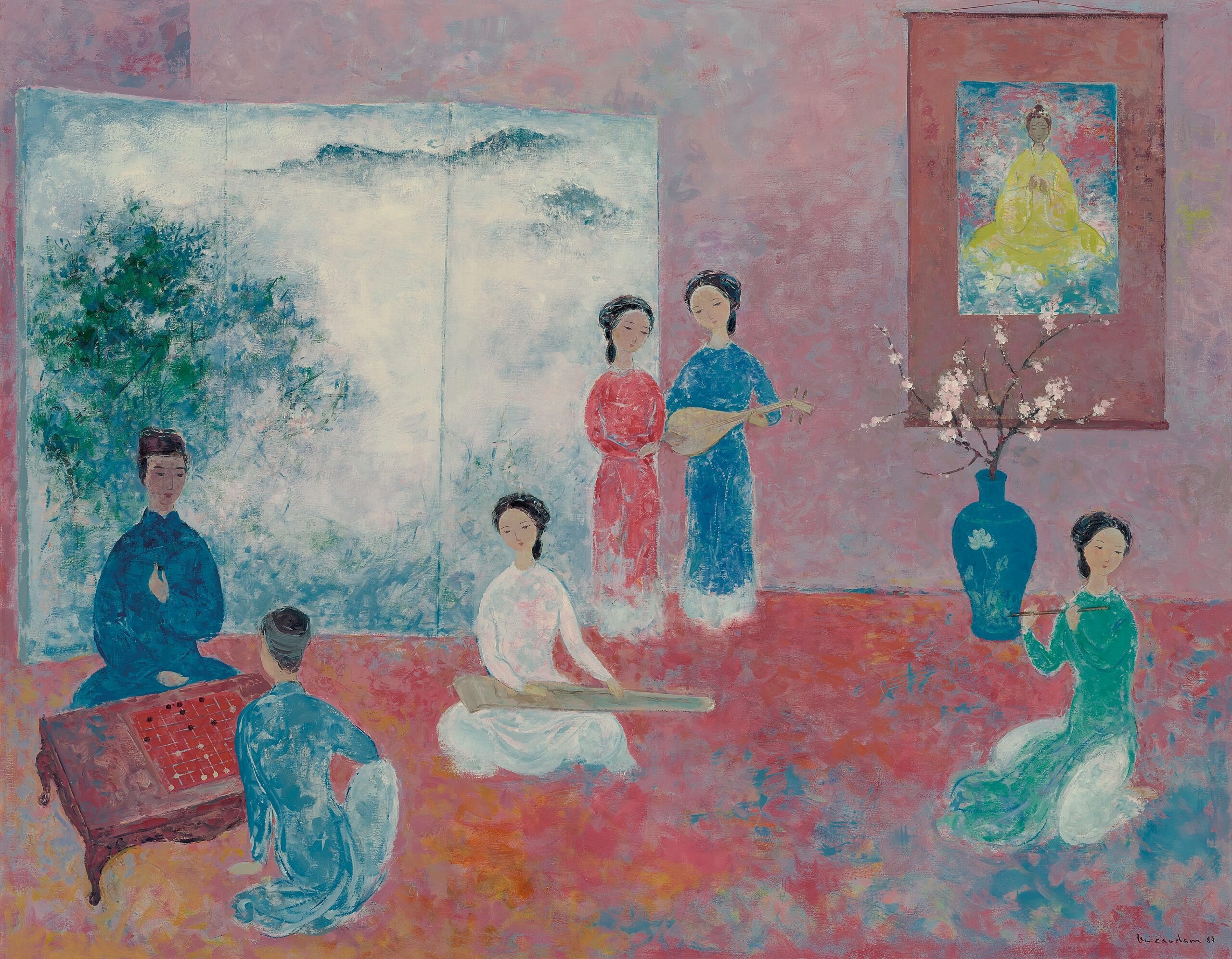 VU CAO DAM (VIETNAM, 1908-2000)
COMPOSITION
signed and dated 'Vu Cao Dam 84' (lower right); signed, titled and number 'No. 1 1128/Composition/Vu cao dam' (on the reverse)
oil on canvas
113 x 145 cm. (44 1/2 x 58 in.)
Painted in 1984

EXHIBITED
Chicago, USA, Vu Cao Dam Solo Exhibition, Wally Findlay Gallery, 1984.

As a literary man, French was a language Vu Cao Dam mastered perfectly with great ease. It is evident that he chose the title Composition deliberately and carefully for this work.

We then realise it could have four different meanings depending if we evoke a montage, a typography, a conception or a trial and according to what aspect of the concept one chooses to emphasis on: constructive, typographic, musical or academic.

In this major work, the painter achieves what only art can successfully create: a synthesis by operating a talented syncretism in a wide format, rather rare in its composition. Composition, is a true ode celebrating the pursuit of knowledge by its ambitious pictorial construction, by its sophisticated writing, and by the evocation of a concert.

This major work, completed in the painter's Findlay's period, was exhibited in 1985 at the Wally Findlay Gallery in Chicago and was a defining exhibition and a perfect illustration of the master's talent at the highest level.

We can see six main characters: a man and a woman, seated playing the abstract strategy game Go; three musicians playing musical instruments - one seated playing the dan tranh (zither), the two others standing one playing the dan ty ba (pipa), the other one the sao (woodwind flute), all traditional Vietnamese musical instruments and one singer, illustrating the c?m, k?, thi, ho?, which literally means the four abilities one must possess to be considered a cultured person of stature and education. According to traditional Vietnamese social standards this is defined by the ability to play musical instruments, to play Go, to compose poems, and finally to be able to paint.

A lacquer folding screen to the left of the background represents a lasting memory from his years spent in the School of Fine Arts of Hanoi and from which Vu Cao Dam graduated in 1931, only serves to magnify the entire pictorial scene. Another allusion, as we recognise one of the painter's Divinities painting in the kakemono on the wall behind a large vase, containing an arrangement of hoa dao (peach flower) which blossoms during Tet (Vietnamese new year).

Everything is filled with a highly sophisticated, educated and soft genteel atmosphere, reinforced by the clothing (ao dai and hat) worn by the characters. Vu Cao Dam captures a mythical Vietnam, celebrated by the great painter fifty three years after he left his native country which he would never see again. A Vietnam of elegance and distinction perceived by a great humanist.

A reminder of Cao Ba Nha (died in 1862), a poet and his verses:
"The nostalgic soul wanders far from the homeland Thrown around from the crests to the hollows of life."

Jean-Francois Hubert
Senior-Consultant, Vietnamese Art