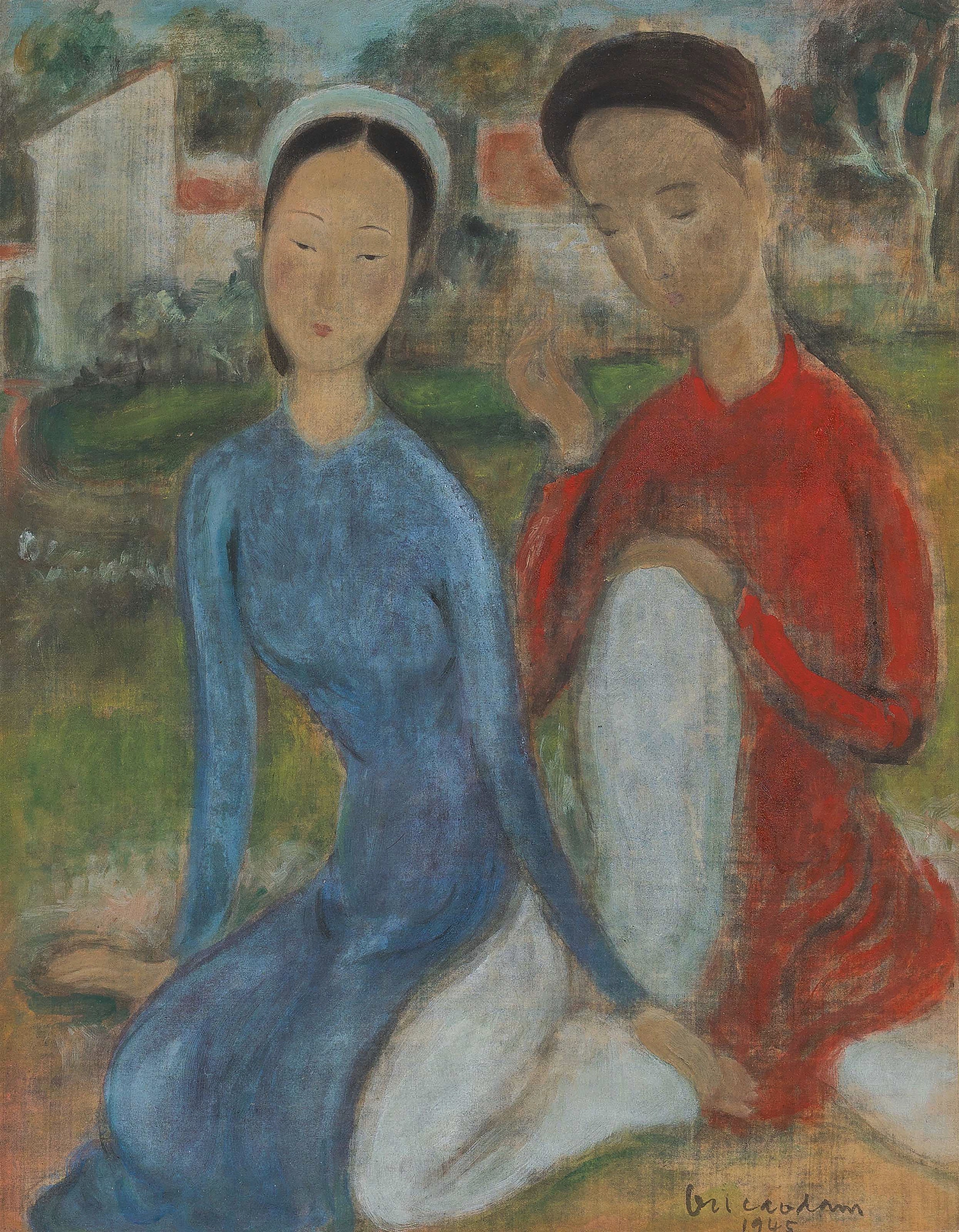 VU CAO DAM (1908-2000)
Couple
signed and dated 'Vu cao dam 1945' (lower right)
ink and gouache on silk
35 x 27.5 cm. (13 3/4 x 10 7/8 in.)
Painted in 1945

A gift of the artist to his close friend, Doctor Tin Doan, Troyes, France
Anon. Sale, Sotheby's Singapore, 22 October 2006, lot 78
Acquired from the above sale by the present owner
Collection of Mr Tuan H Pham, California, USA

Jean-Francois Hubert, Cercle d'Art (ed.), L'Ame du Vietnam, Paris, France, 1996 (illustrated,p.57).
Jean-Francois Hubert, Catherine Noppe, Arts du Vietnam, Parkstone, New York, 2003, (colourplate, no. 253 on p. 214).

Paris, France, Le Bon Marshall – River gauche, L'Ame du Vietnam, January-February, 1996.


Vu Cao Dam and the Temptation of the Western World

Although this painting is a clear depiction of a man and a woman, and one of Vu Cao Dam's favorite subject matters (he was often inspired by the Kim Van Kiêu), the three main colours in the painting, blue, white and red, also happen to be the colours of the French flag. This is not accidental, as it might seem, at least not in 1945.

In the year 1945, the execution of this subtle painting is fundamental not only for its historical context but also by the artist's personal correlative evolution. Michel Vu, Vu Cao Dam's son, has kindly accepted to comment on the particular context around this painting: "From 1941 to 1946, I lived in Marsilly, with my mother and my sister, one hundred kilometers from Paris. My father used to come and visit us on his bicycle". During the difficult years of war, the artist lived alone in Paris and chose to move his family to an area that did not suffer as much from rationing. His only concern was the creation of his work. In the 14 years previously spent in France, Vu Cao Dam perfected his techniques as a painter as well as a sculptor. But a major artist is always the moral witness of his time: the victory over the Nazis in this year, 1945, and the return of peace found in France galvanized the painter. He was not a passive traveller but a cantor guiding alterity, as shown in his work. The firm lines, the gouache colours are more pronounced than usual. While, the construction remains truly Tonkinese: the woman's ao dai , the man's tunic and the headdresses are all quintessentially Vietnamese. The couple's bodies are seemingly close and affectionate and they transcend the Confucian classical rules of modesty. The transmutation takes place in the artist: the gesture becomes influenced by the Western world and the young lady is the interpreter.

Couple, a major and rare historical painting that illustrates the words of the painter himself. "Today multicultural and multiracial expressions are sought but I think I was among the first to try, in my work, to reconcile my oriental roots, without disrupting tradition, with my perception of the lessons given by studying the masters of western culture"

Jean-François Hubert
Senior Expert, Vietnamese Art