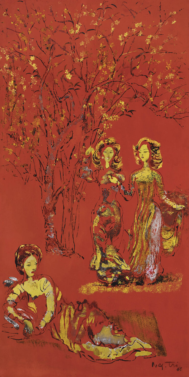 NGUYEN GIA TRI (VIETNAM, 1908-1993)
LES ÉLÉGANTES (THE ELEGANT)
signed and dated 'Ng. Tri 68' (lower right)
lacquer on panel
80 x 40 cm. (31 1/2 x 15 3/4 in.)
Painted in 1968

A commissioned gift to the grandparents of the previous owner
Private Collection, Sweden 
Acquired from the above by the present owner 
Private Collection, Bangkok, Thailand

Lacquer is an art form so intrinsic and unique to Vietnam, and none handle the medium better than master artist Nguyen Gia Tri. Born near Hanoi (Hadong) in 1908, Les Élégantes featured here is an enchanting and remarkable example of Gia Tri's artistry and prowess in this art form. He takes us on a journey, not only as a great artist in this field, but also as a theorist who through hard work, epitomized the artistic and political Vietnamese history of the 20th Century, to share the elegance and beauty of his country and its inspiring story. Les Élégantes , a truly exceptional and astonishing lacquer executed in 1968, requires us to try and understand in more depth not only the style and the artist but also the background of the painting and its creation.

In 1924, Victor Tardieu founded The Indochinese College of Fine Arts, where he gathered a generation of the finest painters recognised in the world today. In 1928, when Gia Tri entered the school, he mingled with artists such as Le Pho, Mai Trung Thu, and Nguyen Phan Chanh in their fourth year, and To Ngoc Van, Vu Cao Dam in their third. And Nguyen Gia Tri matriculated in the same year as Nguyen Tong Lan and Nguyen Cat Tuong, more famously known as the inventor of the Vietnamese national costume, the ao dai.

Sadly, Gia Tri had to leave the college unexpectedly in 1930, leaving not only his talented kindred classmates, but also teachers such as Joseph Inguimberty (1896-1971), who headed the painting department but dedicated most of his life, and leaving as his greatest legacy - the revival and encouragement of his students to perfect the art of lacquer. This departure meant Gia Tri had to give up, among other things, the opportunity to participate in group exhibitions at the college, which always attracted an influential, cultured audience.

Very few people knew the true reason for this departure. Gia Tri had become a member of the Vi?t Nam Qu?c Dân Ð?ng (VNQDD), the Vietnamese National Party. On 10 February 1930, there was a mutiny in Yen Bai, a province in Northern Vietnam. This was an uprising of Vietnamese soldiers in the French colonial army, together with civilian supporters from the VNQDD. It was the largest revolt against French colonial rule in Vietnam. Following the mutiny, in keeping with the spirit of his resistance to the French administration in Vietnam, Gia Tri decided to renounce all French influence in his life. It was this conviction that precipitated his departure from the college that had been set up under the auspices of the French Governor-General of Indochina. Eventually, it was Victor Tardieu, the director of the college and an artist himself, who persuaded Gia Tri to see that his obligations as a patriot should not stand in the way of his art. And so it was that in 1931, Gia Tri rejoined the college to finish his diploma in 1936, along with Tran Van Can and Luu Van Sin.

After graduation, Gia Tri became part of the T? L?c Van Ðoàn, or the Self-Reliance Literary Group, a literary movement that produced poetry and prose shaped by nationalist and anticolonial sentiments. Gia Tri contributed to two magazines, Phong Hoa (Customs) and Ngay Nay (Today), which attracted a wide readership. In the first art exhibition organized by the Société Annamite d'encouragement à l'art et à l'industrie (SADEAI), the Annamese Society for the Support of Art and Industry, founded in 1935, his works were second to none and made a big impression. He met quickly with success amongst local French collectors, and in 1938, he obtained his first official commission from the Governor-General Brevie, to decorate his palace in Hanoi, the present-day residence of the President of the Socialist Republic of Vietnam. In 1943, he exhibited in the 'Salon Unique' Fine Arts Exhibition in Hanoi. The well-known critic of art, Claude Mahoudeau, wrote:

"He has redefined grace..., this grace is the little something that clothes a woman of charm, of coquetry, of a beauty beyond physical beauty. This grace is a subtlety that resembles the smile of a line, the soul of a form, the spirituality of an object. All the seductions of the female at ease, the languor, the idleness, the strut, the lengthening, the nonchalance, the cadence of the poses, the suppleness of the feminine body and the play of the slender fingers on the grip of the fans.' There is nothing left to do but admire the creations of an artist whose contribution to this exhibition is considerable. The artist's works dazzled everyone."

Gia Tri, being fully immersed in the events of his time, passively or actively, winning or defeated, witnessed many tragedies of war: the war for independence, the isolation in Hong Kong, the separation of North and South Vietnam. Much of his work will interpret what was an acceleration of history triggered by some major political upheavals. The process of creating a lacquer is extremely laborious and technical. There is first an application of multiple layers of coloured and clear lacquer, and then having to let one layer dry before applying the next one. After each layer is applied, the artist then uses fine sandpaper, along with charcoal powder and human hair, to carefully rub at different parts of the painting to obtain the desired colour in each. In fact, this particular lacquer painting was a specific order made by Maurice Rossi in 1968. At first, it appears to be an unusual piece not perfectly in line with Gia Tri’s body of work, therefore, we then realise that, even in this lacquer, and he remains very faithful to his themes in a constant way.

The two ladies walking together, their Western hairstyle, almost dancing with ample gestures, a scene which vastly differs from the Vietnamese classical style usually found in Gia Tri’s representations. We see that more in the young lady found on the bottom left of our painting, with her posture, her hairstyle and in her expressions. One of the trees seem to be in blossom as the other one appears to be in agony, may be witnessing the death, in the near future, of Gia Tri's Vietnam as he knew it and as he dreamt it. That year the Têt happened to be sanguinary.

This painting is awash with contrasts in a poetic atmosphere, literally an explosion of colours - gold, cinnabar (a colour associated with nobility), and the white of egg-shell in a mix of flat, intense and glossy effect defined by very smooth lines to insert his subjects in a floating ambiance. 

A unique artwork, dedicated, personalized, a manifesto offered by the best artist in lacquer ever throughout Vietnam’s history.

Jean-Francois Hubert, Senior Consultant,
Vietnamese Art