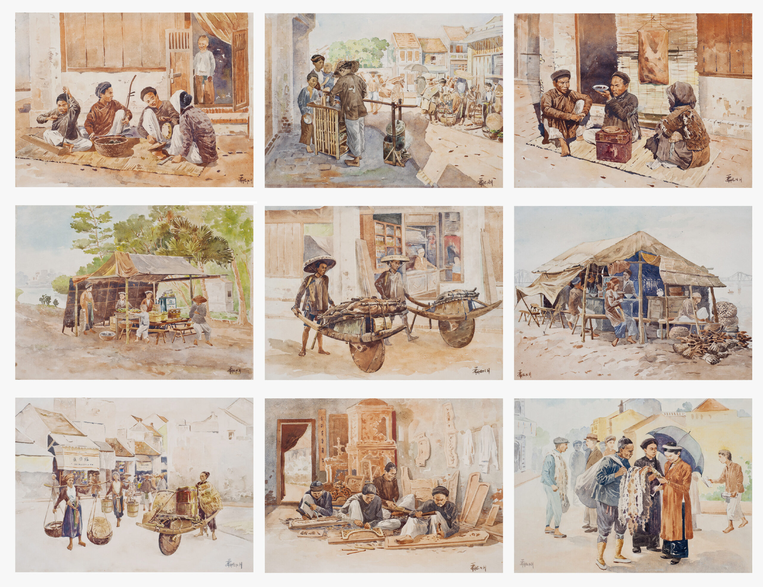 THANG TRAN PHENH (VIETNAMESE, 1890-1972)
Scenes of Old Vietnam
signed 'T T Phenh' (lower right of seven; lower left of two)
nine watercolour on paper
each: 23.5 x 32.5 cm. (9 ½ x 13 in.)
(9)