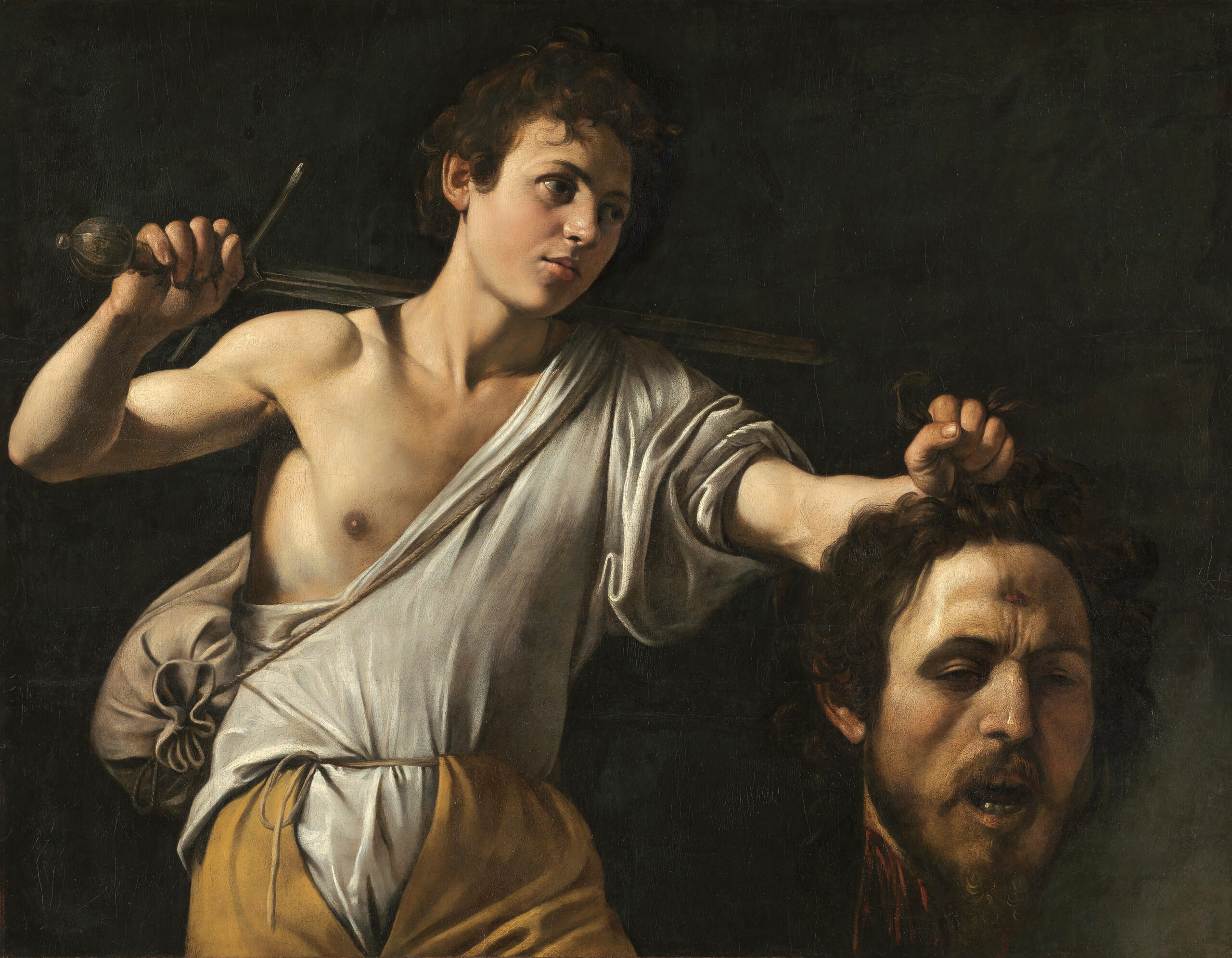 Caravaggio  (1571–1610) 
David with the Head of Goliath
oil on poplar wood
height: 91.2 cm (35.9 in); width: 116.2 cm (45.7 in)
between circa 1600 and circa 1601