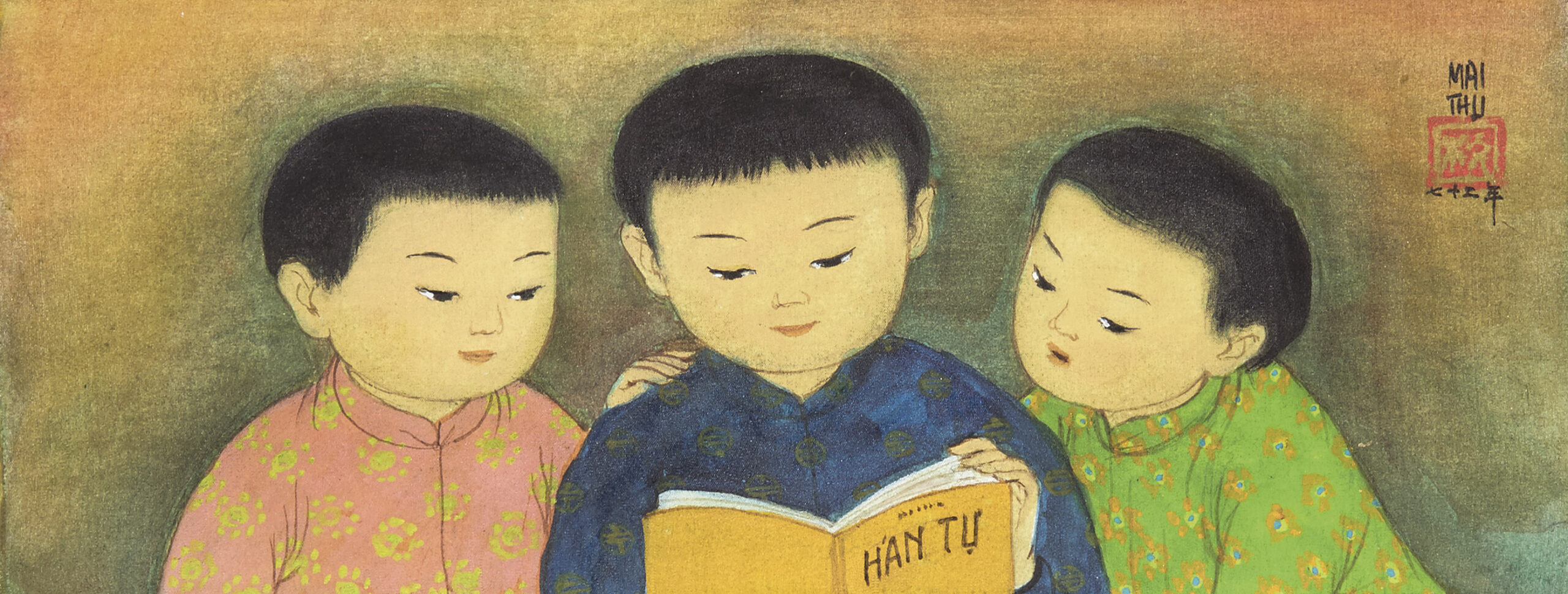 MAI TRUNG THU (Vietnamese, 1906-1980) 
Lecture (Reading) 
signed 'MAI THU' and dated in Chinese (upper right) 
ink and gouache on silk, original artist's frame 
9.5 x 23.5 cm. (3 3/4 x 9 1/4 in.) 
Painted in 1972
one seal of the artist