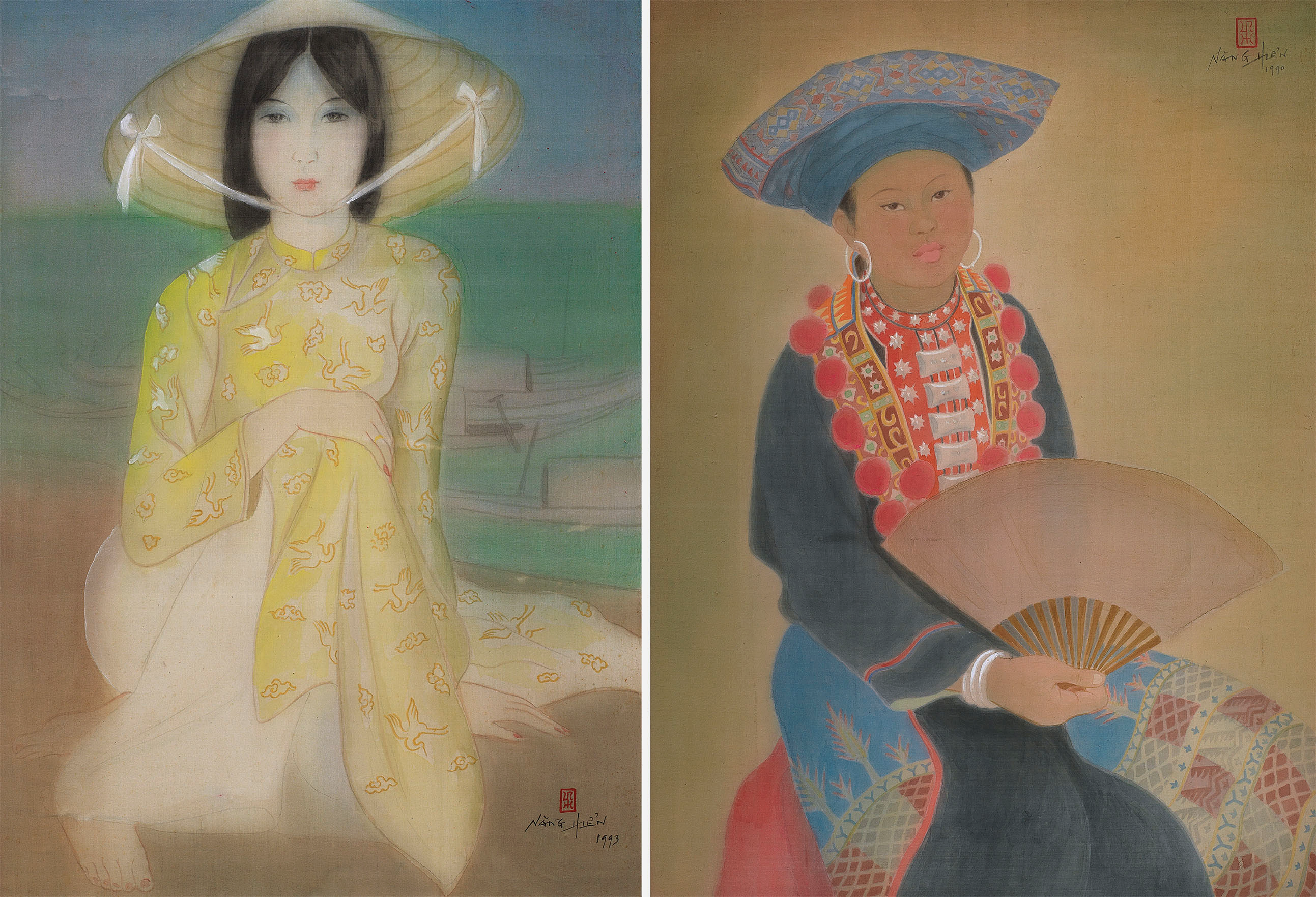 Woman at the Seaside; & Red Yao Woman of North Vietnam
signed and dated 'Nang Hien 1993' (lower right); & signed and dated 'Nang Hien 1990' (upper right)
two ink and gouache on silk
each: 60 x 43.5 cm. (23 5/8 x 17 1/8 in.) (2)
(2)Painted in 1993; & Painted in 1990
one seal of the artist (on each)