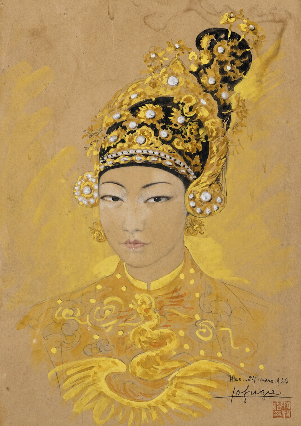 Portrait of Empress Nam Phuong (1913–1963), the last Empress of the Nguyễn Dynasty, was executed in Hue on 24 March 1934 by the French painter-traveller Léa Lafugie, on the occasion of the enthronement ceremony of the Empress according to the imperial decree conferring the title of Empress Nam Phuong.

The work was previously presented at Drouot Paris @drouot_paris | Boisgirard-Antonini, Arts de l’Asie et de l’Orient, on 14 June 2019 (lot 336).

LÉA LAFUGIE (1880–1972)
Portrait of Empress Nam Phuong (1913–1963), on the Day of her Enthronement, Hué, 24 March 1934
signed (lower right); inscribed and dated ‘Hué, 24 mars 1934’ (lower right)
ink, colours and white gouache on paper
46.5 × 31 cm. (18¼ × 12¼ in.)
on the seal of the artist

Drouot Paris | Boisgirard-Antonini, Paris, Arts de l’Asie et de l’Orient, 14 June 2019, lot 336.
