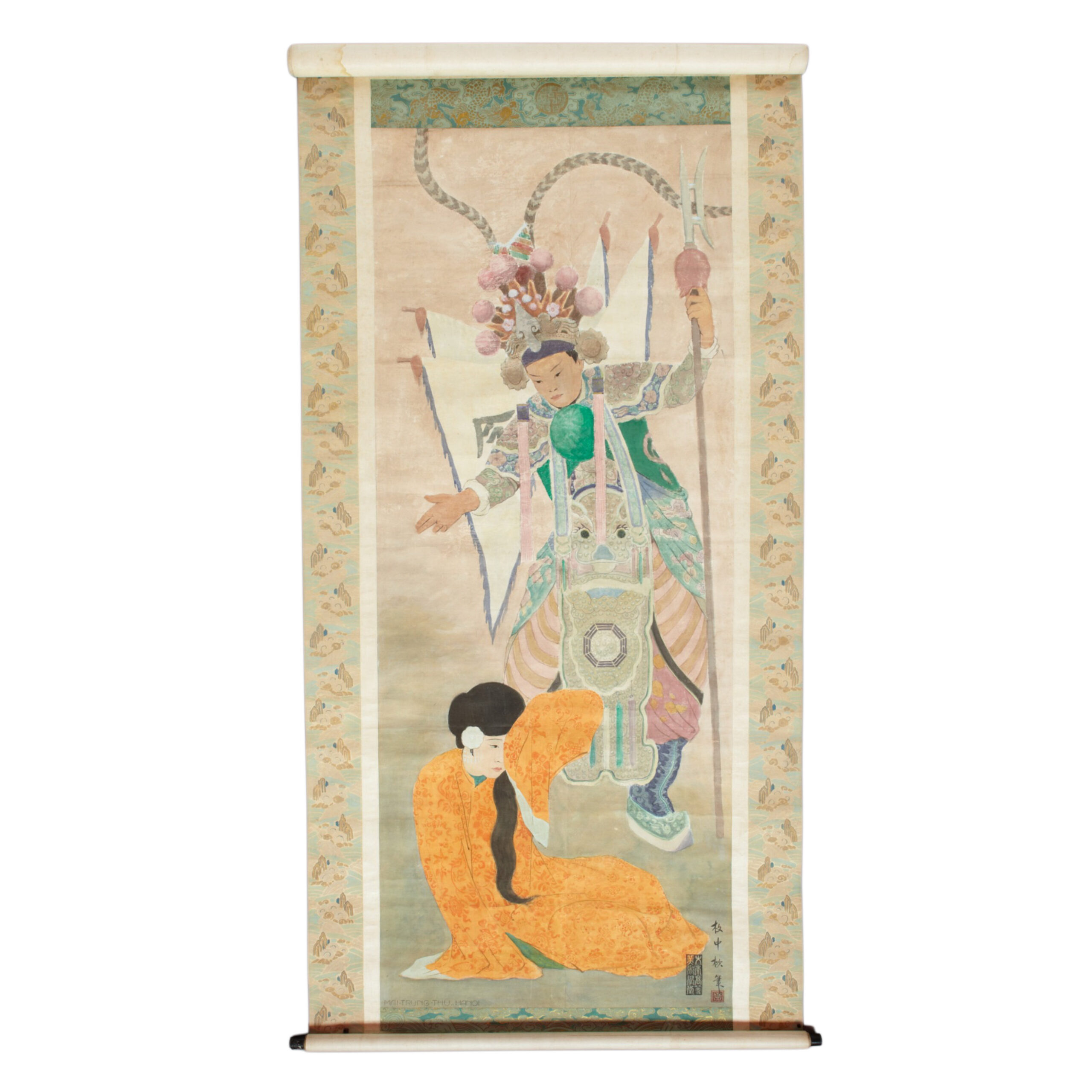 Mai Trung Thu (Vietnam/France, 1906-1980)
L'Adieu (The Farewell)
signed and located  'MAI TRUNG THU HANOI' (lower left); signed with the stamp of the School of Fine Arts of Indochine (lower right) and the stamp Tam-Tho Bôi Chanh, 58 phô gac Ninh Hanoi on the reverse
watercolour, gouache on paper
243,5 x 98 cm. (kakemono 435 x 147 cm.)
Painted in 1929

Collection of The Musée du Quai Branly – Jacques Chirac, Paris, France