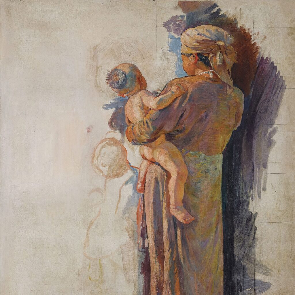 VICTOR TARDIEU (French, 1870-1937)
Vietnamienne à l’enfant (Vietnamese Mother and Child)
stamped with atelier stamp 'Victor Tardieu' (on canvas overlap and on the stretcher)
oil on canvas
120 x 98 cm. (47 1/4 x 38 5/8 in.)
Painted between 1922-1925