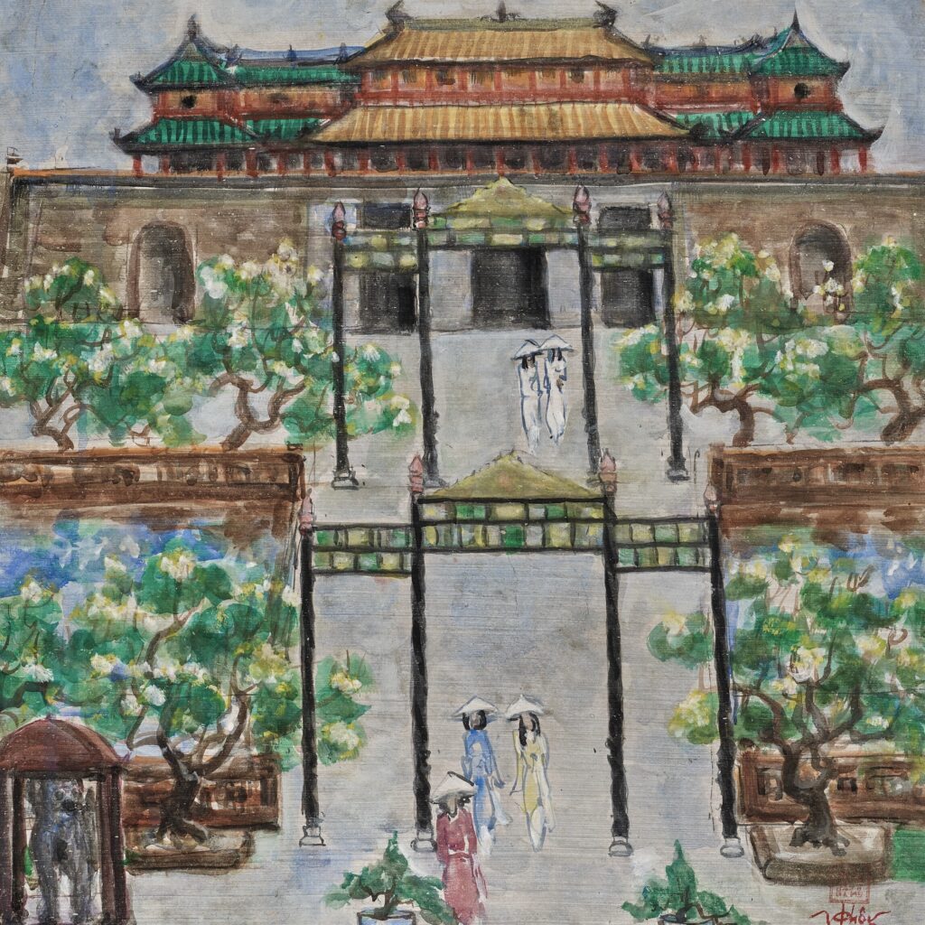 VINH PHOI (1937-2017)
Le temple (The Temple)
signed 'Vinh Phoi' (lower right)
gouache on paper
69.4 x 50.3 cm. (27 3/8 x 19 3/4 in.)
Executed in 1998
one seal of the artist