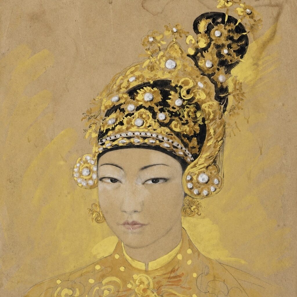 Portrait of Empress Nam Phuong (1913–1963), the last Empress of the Nguyễn Dynasty, was executed in Hue on 24 March 1934 by the French painter-traveller Léa Lafugie, on the occasion of the enthronement ceremony of the Empress according to the imperial decree conferring the title of Empress Nam Phuong.

The work was previously presented at Drouot Paris @drouot_paris | Boisgirard-Antonini, Arts de l’Asie et de l’Orient, on 14 June 2019 (lot 336).

LÉA LAFUGIE (1880–1972)
Portrait of Empress Nam Phuong (1913–1963), on the Day of her Enthronement, Hué, 24 March 1934
signed (lower right); inscribed and dated ‘Hué, 24 mars 1934’ (lower right)
ink, colours and white gouache on paper
46.5 × 31 cm. (18¼ × 12¼ in.)
on the seal of the artist

Drouot Paris | Boisgirard-Antonini, Paris, Arts de l’Asie et de l’Orient, 14 June 2019, lot 336.